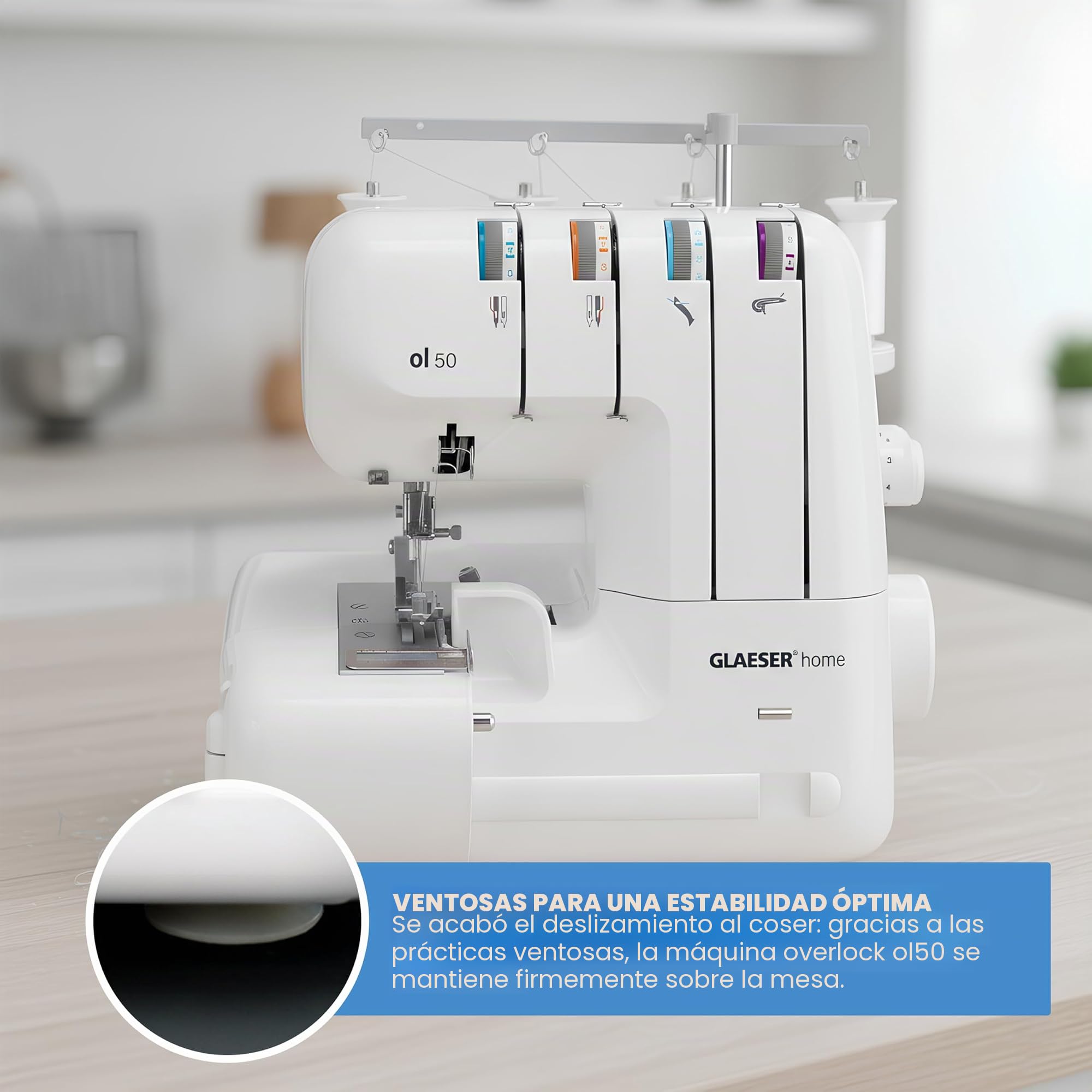 GLAESER Home ol 50 Máquina de coser Overlock, para coser y cortar en un solo paso. Máquina de overlock con longitud de puntada ajustable, fácil de usar
