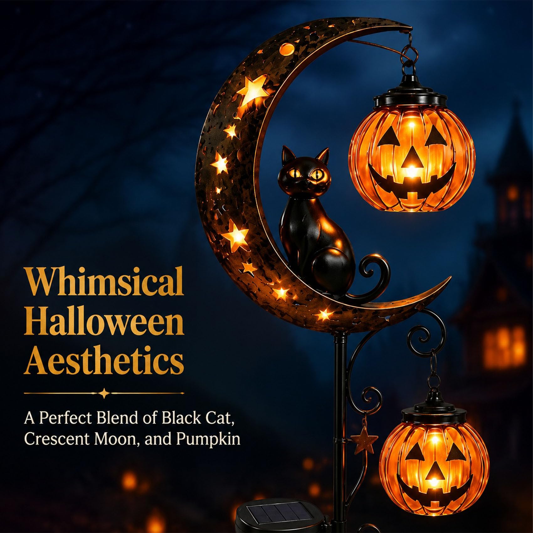 Solar Halloween Black Cat & Pumpkin Moon Garden Stake Light, Iron Waterproof Yard Decor for Walkway, Lawn, Patio and Porch (#C)