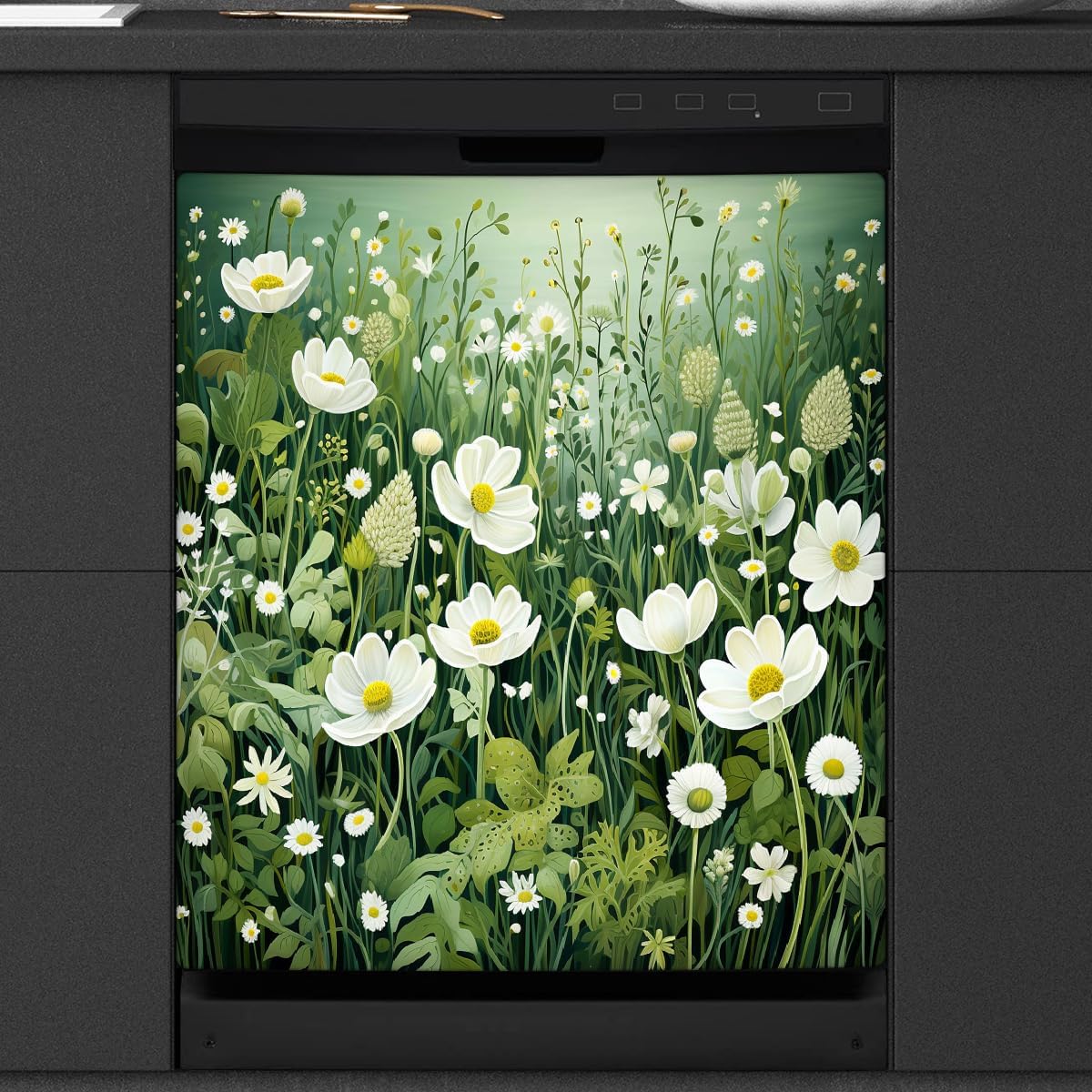 Green Floral Dishwasher Magnet Cover Decorative Refrigerator Covers Magnetic Reusable Dishwasher Door Cover Kitchen Appliance Sticker Cover 21x26Inch