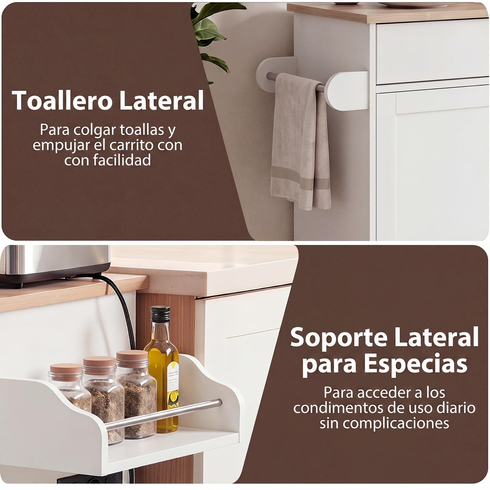 COSTWAY Carro de Servicio Comedor con Ruedas,Toallero,Cajón, Puerta y Estantes Gabinete, Carrito de Cocina con Alargador, Mueble de Cocina,Blanco