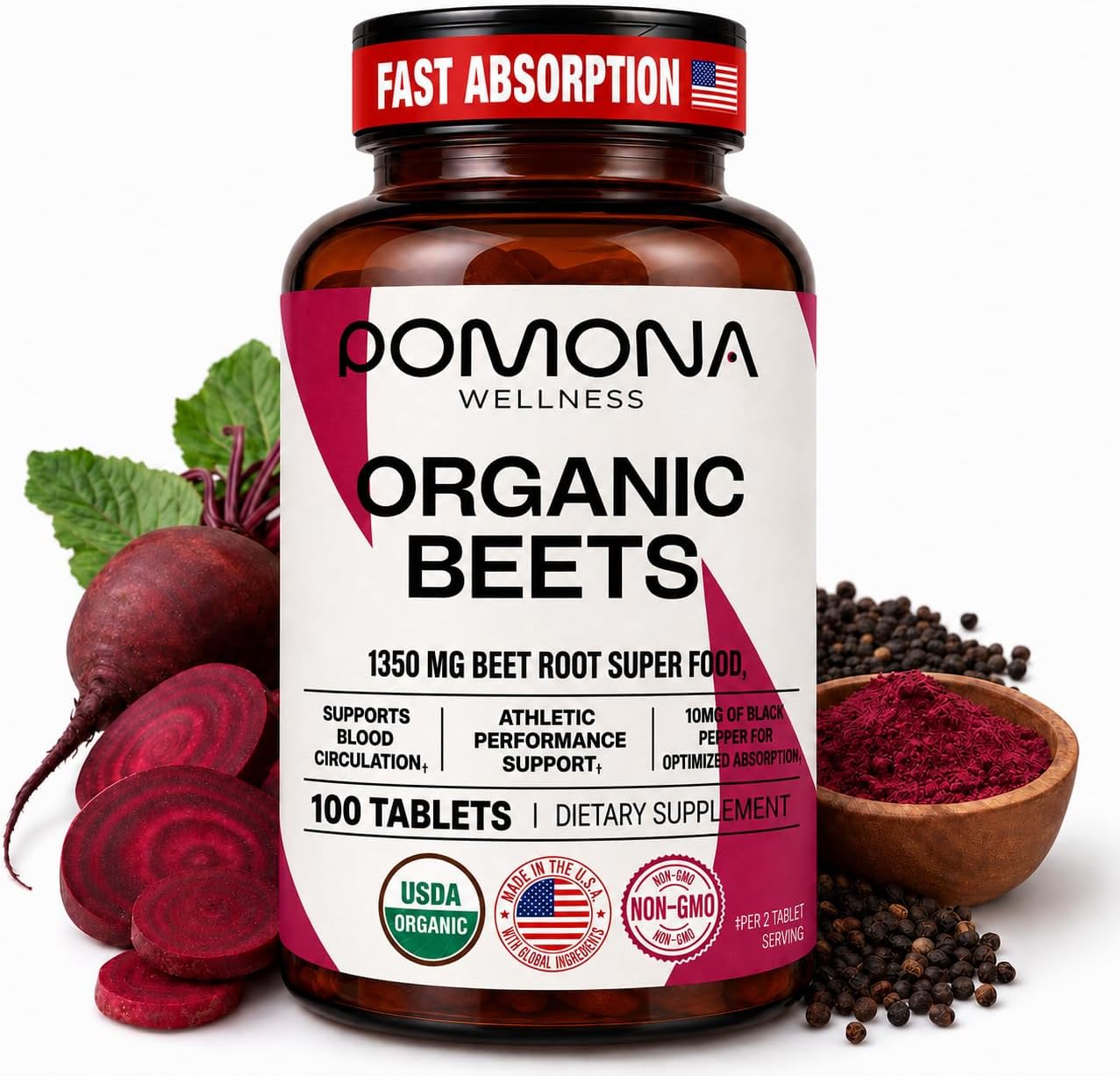 Pomona Organic Beetroot Supplement tablet-100 Count, 1350mg,Blood Pressure | Beet Root Powder for High Blood Pressure,Heart Health, Circulation, Nitric Oxide, Energy &Athletic Performance,Non-GMO, Vegan