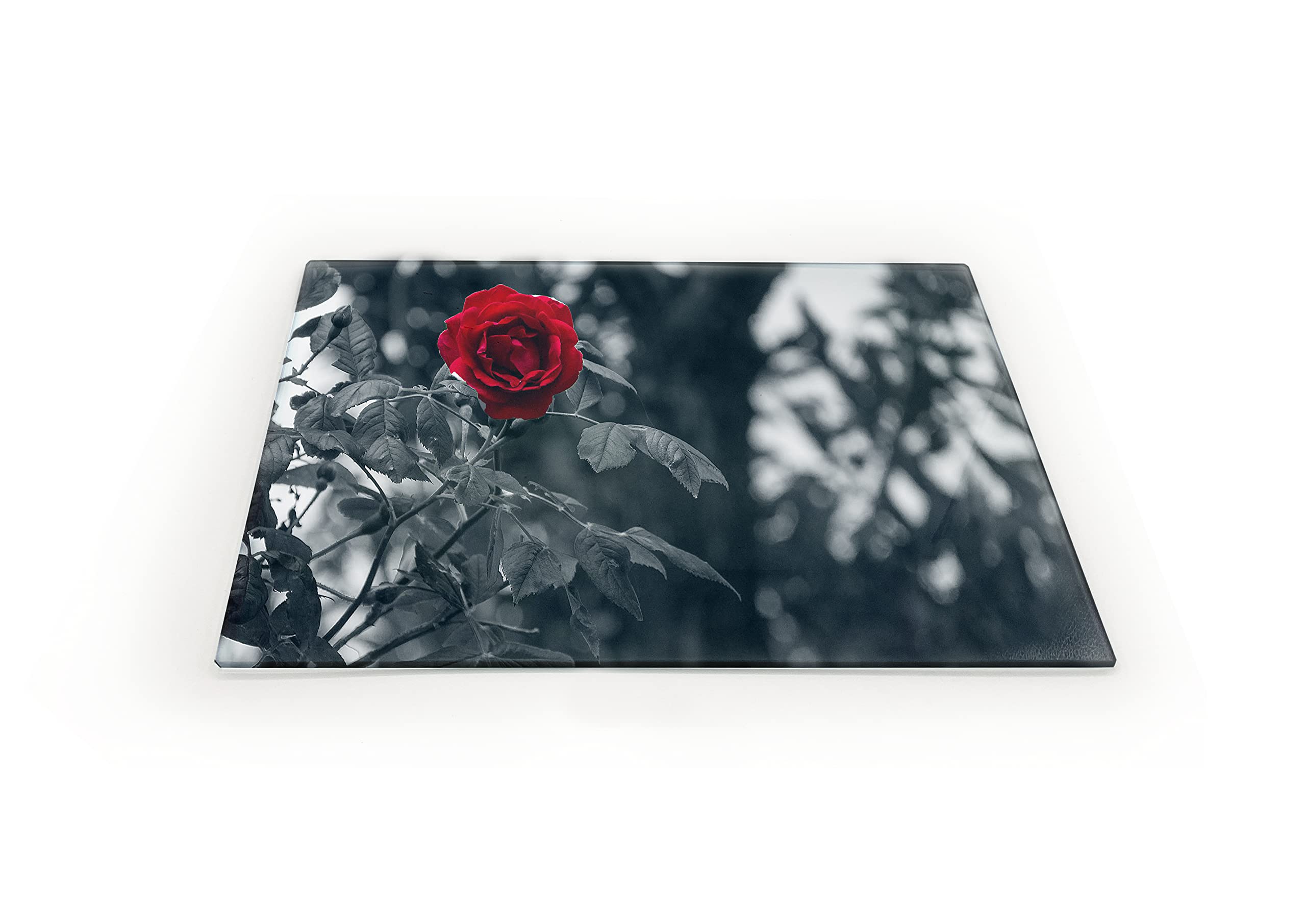 Clear Glass Chopping Board with Black with Red Rose Print - Size 30cm x 20cm - Non Slip Glass Worktop Savers for Kitchen - Great Worktop Protector for Any Food prep