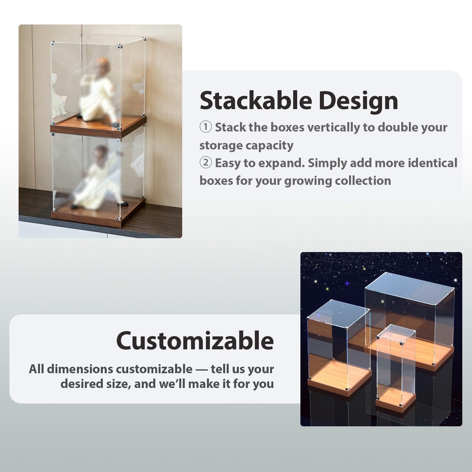 UrbanUp Urna Metacrilato Caja Cuadrada Cúbica de Acrílico Transparente con Base de Madera, Vitrina para Objetos de Colección/Figuras Esquinas Metálicas, Organizador Grande(8x8xH10/20x20x25cm)
