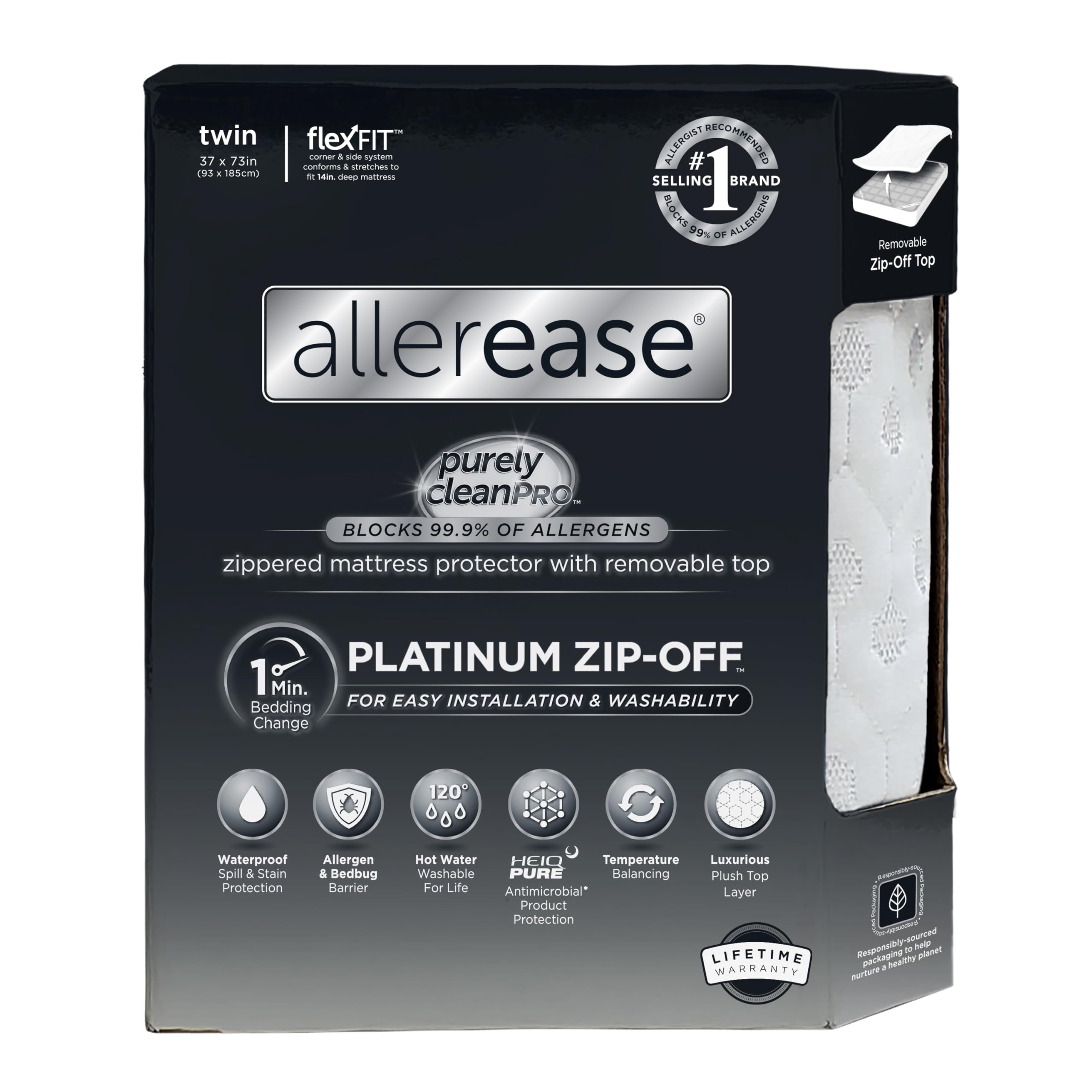 AllerEase Platinum Zip-Off Top Waterproof Mattress Protector Twin Size 360 Degree Zipper Allergen Barrier Temperature Balancing Luxurious Plush Top Separately Machine Washable Mattress Cover (White)