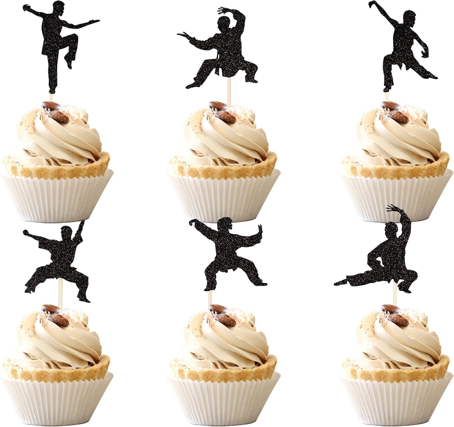 Pack of 24 Martial Arts Cake Decoration Glitter Black Karate Taekwondo Cake Decoration Kung Fu Theme Cupcake Toppers for Baby Shower Birthday Party Cake Decorations — image 1