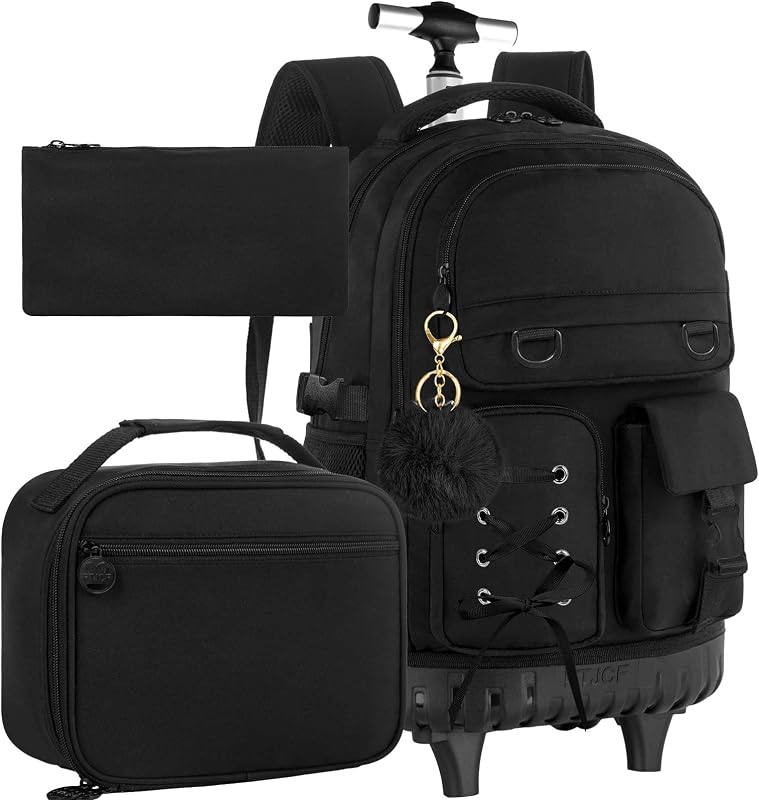 UFNDC 3PCS Rolling Bookbag for Girls, Women Black Roller Backpacks with an Interlaced Ribbon Bow, Water-Resistant Travel Backpack with Wheels