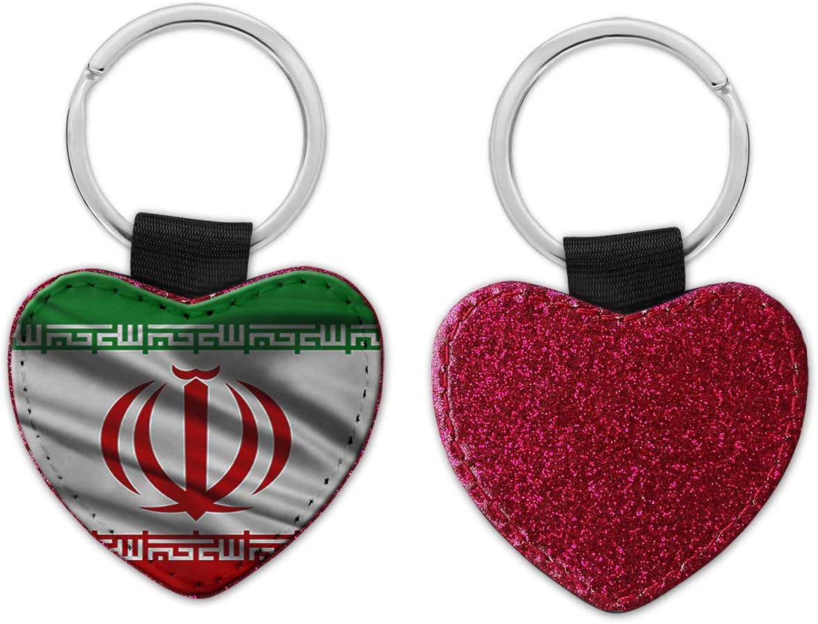 Iran Iranian Flag Heart Shaped Premium Leather Key Ring Double Sided - Red Glitter