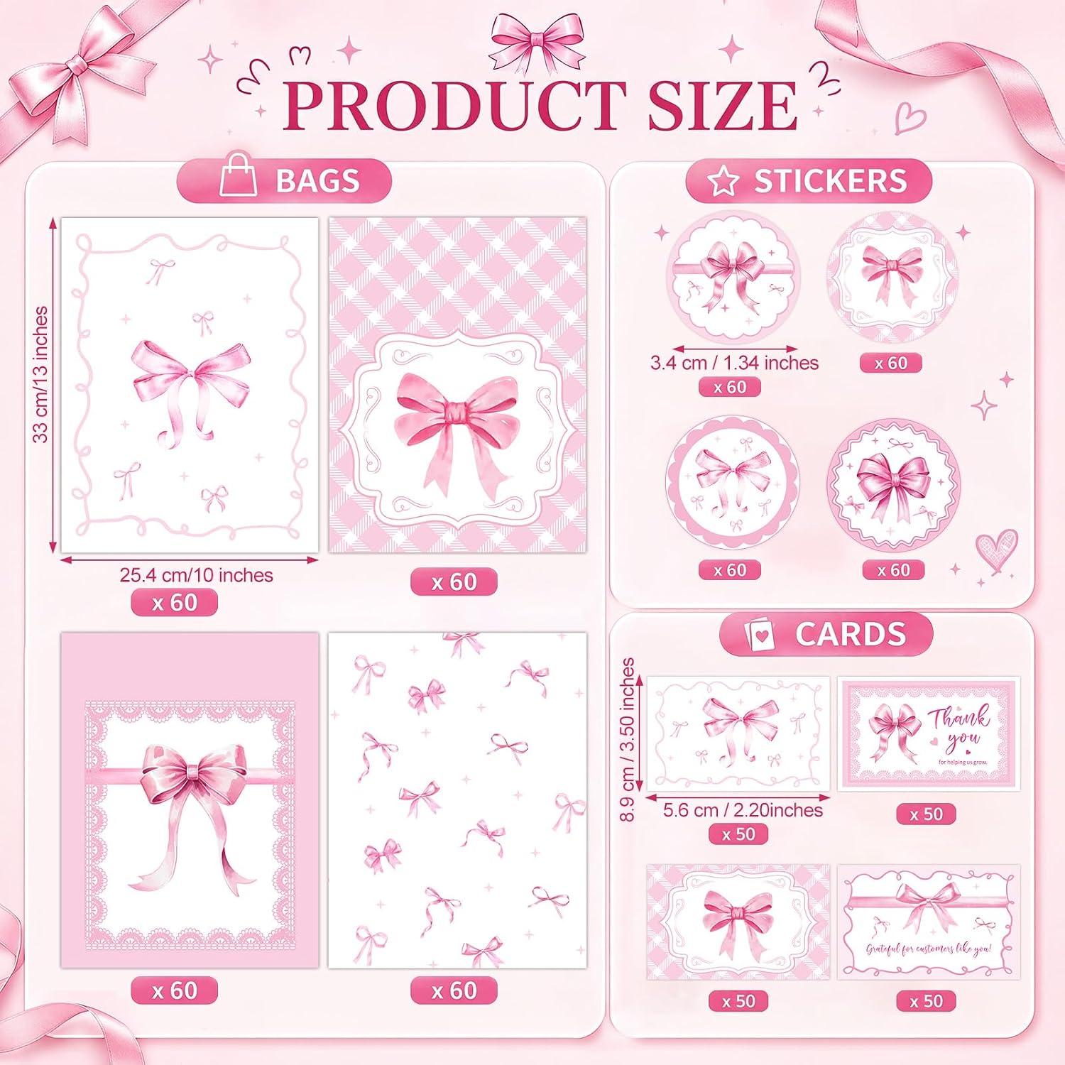 Pasimy 240 Pack Pink Bow Poly Mailers Set 10 x 13 inch Shipping Mailers with Thank You Cards and Stickers Heavy Duty Waterproof Self Seal Shipping Bags for Small Business Large Mailing Envelopes Bulk