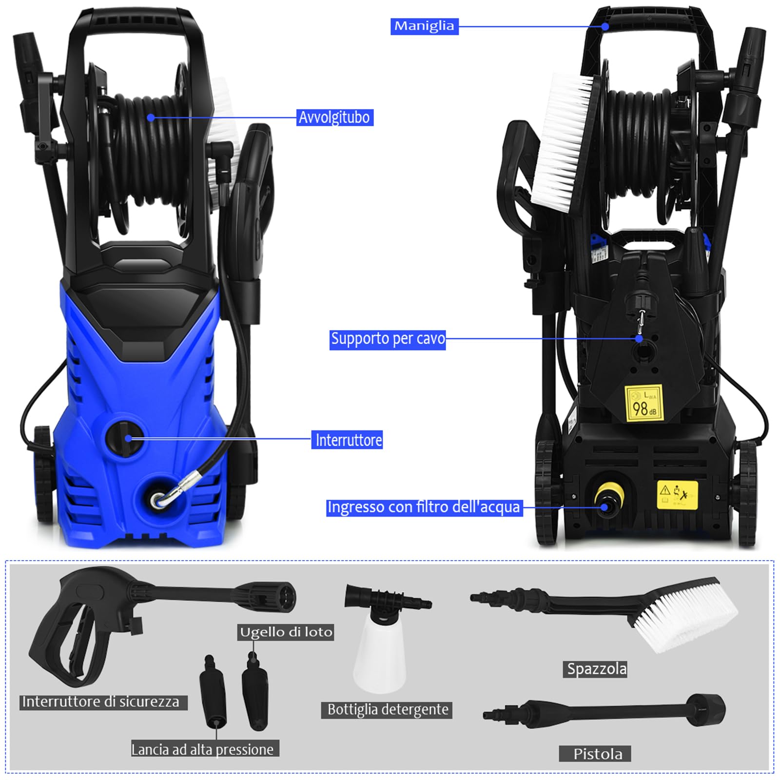 COSTWAY Idropulitrice con 2030 PSI, 5L / Min Idropulitrice Portatile con Ugello Lotus e Ugello ad Alta Pressione, Cavi e Tubi Più lunghi, Adatto per La pulizia di Giardini, Auto,Case(blu)