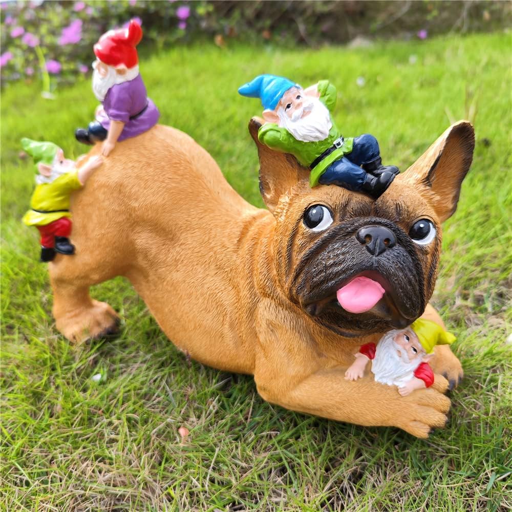 Lingerin Garden Gnomes and Bulldog Statues Outdoor Decor