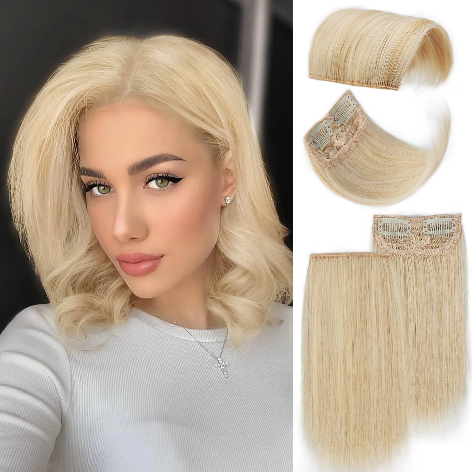 Blonde Hair Toppers for Women - Synthetic Clips, 4 PCS Invisible Hair Extensions Adding Volume to Short Hairpieces for Daily Use