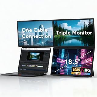 18.5'' Portable Triple Monitor, One Cable Connection Laptop Screen Extender, Quad Monitor Setup, Built-in Stand Compatible with Windows Mac Laptop(Driver Need)