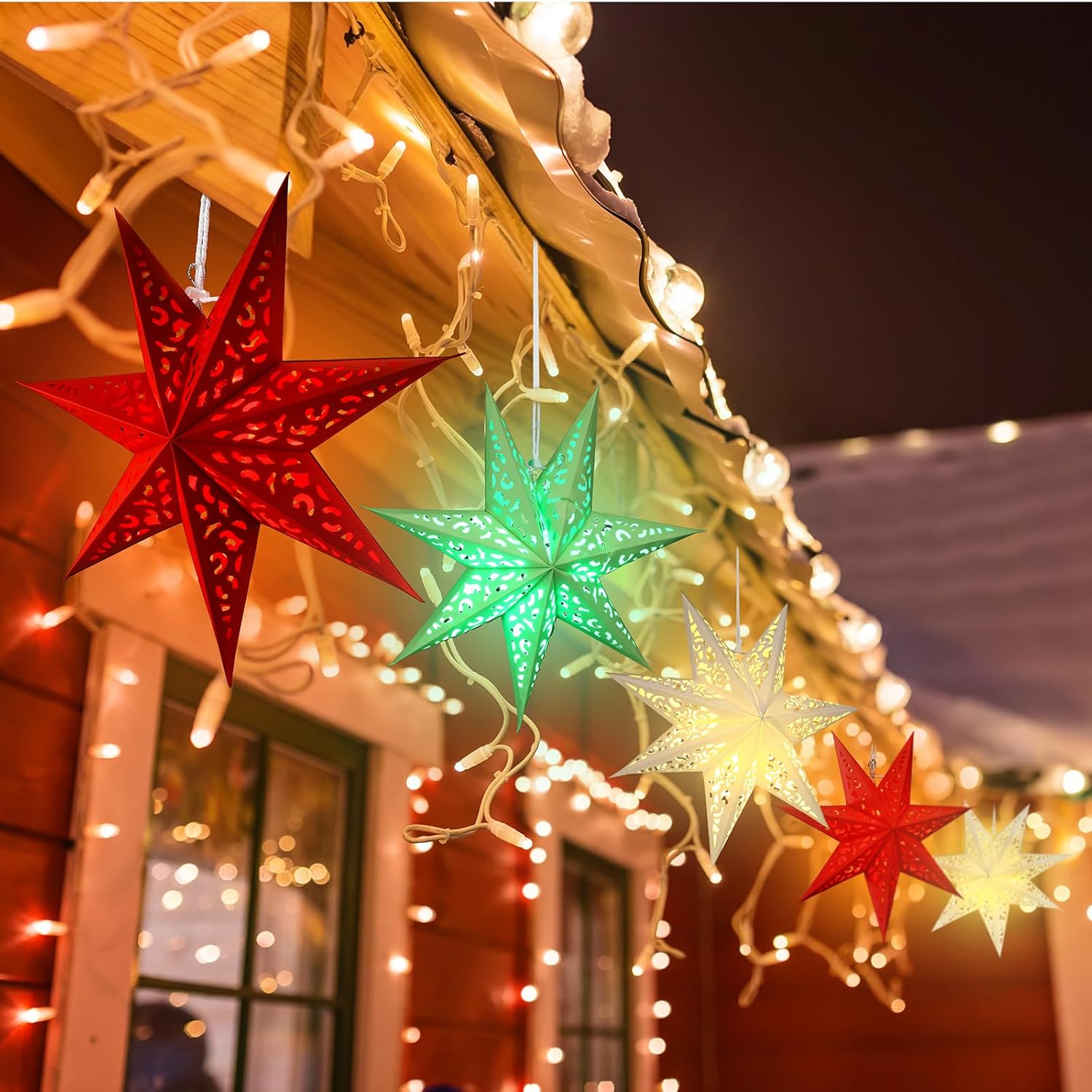 Retisee 12 Pcs 14in Paper Star Lantern with 7 Pointed LED Lights for Xmas, Wedding, Holiday, Birthday Party Celebration(Multicolor)