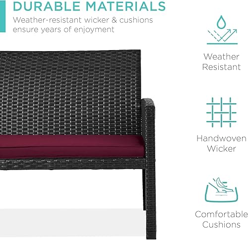 Miniatura 3 de Best Choice Products Juego de muebles de mimbre para patio de 4 piezas para patio trasero con mesa de café, cojines de asiento, negroborgoña profundo