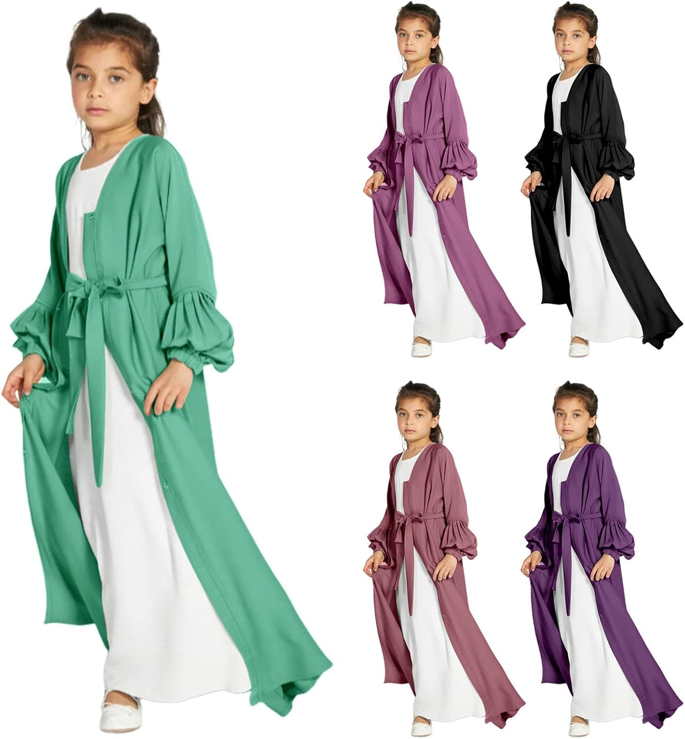 Girl's Muslim Dress Ramadan Cardigan Solid Lantern Sleeve Prayer Jilbab Outfits Flowy Pleated Long Skirts Islamic Clothes