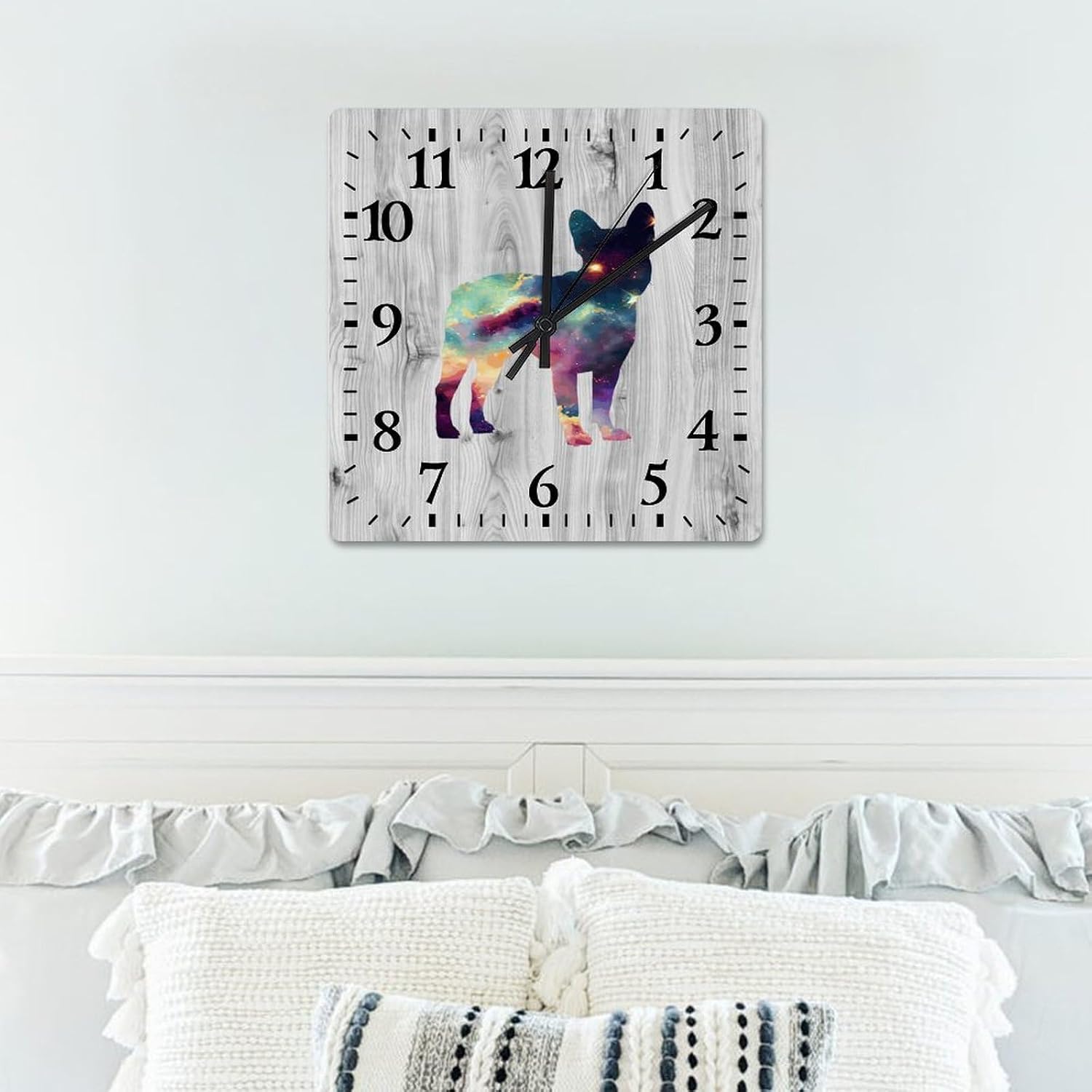 Pug Wall Clock Dog Silhouette Wooden Wall Clocks Battery Operated 15 Inch Non-Ticking Retro Cabin Wall Decor for Kitchen Bedroom Living Room Office