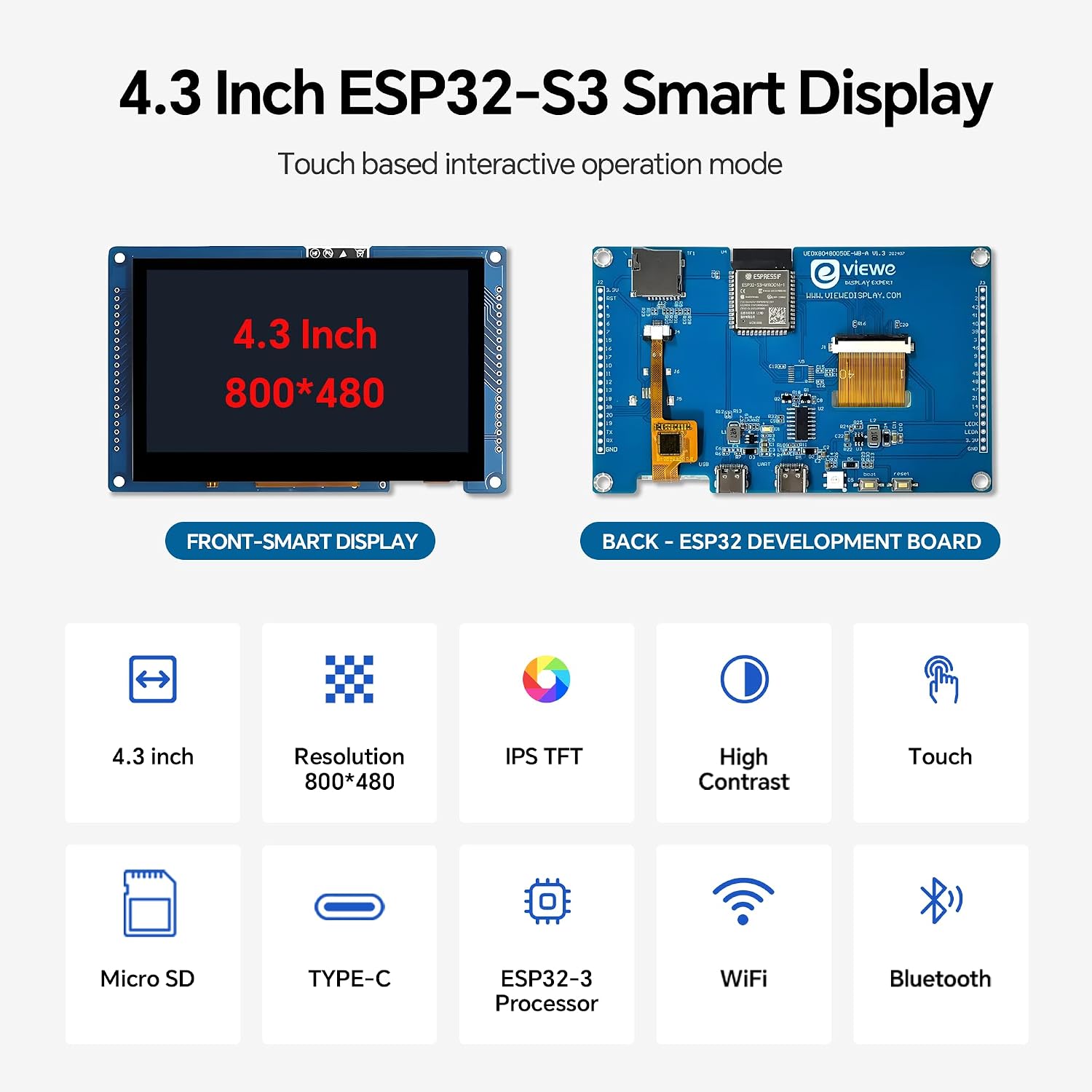 ESP32-S3 Display 4.3inch IPS 800 * 480 ESP32 Capacitive Touch Screen, Compatible with WiFi Arduino,LVGL,32-bitLX7 Dual-Core Processor, Up to 240MHz,Supports W-i-F-i&Blue-Too-th