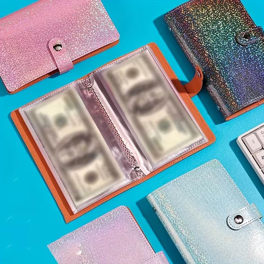A6 Money Saving Wallet Book 50 Pages, PU Leather Cash Collection Album Holds 100 Banknotes, Stamp & Card Storage, Secure Snap Closure