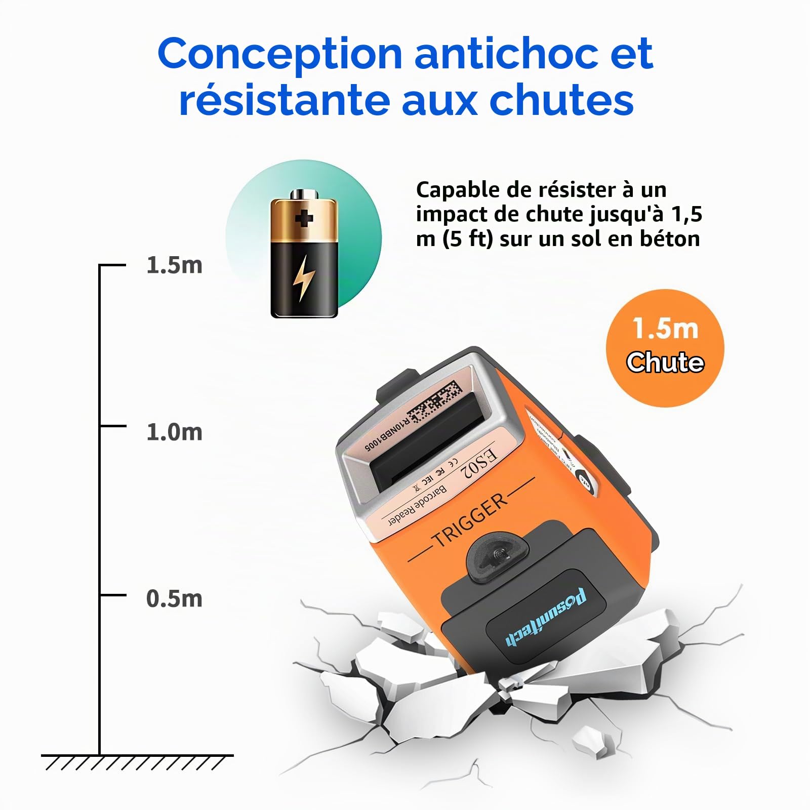 ES02 Scanner de codes-barres gants, sans fil Bluetooth 2D Scanner portable, indice de protection IP65, adapté pour l'entrepôt, la fabrication, le transport, le prélèvement et d'autres