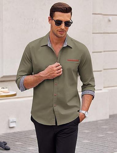 Miniatura 3 de COOFANDY - Camisas casuales de manga larga para hombre, con botones, camisas desabotonadas, camisas de collar a cuadros, estilo vintage de denim