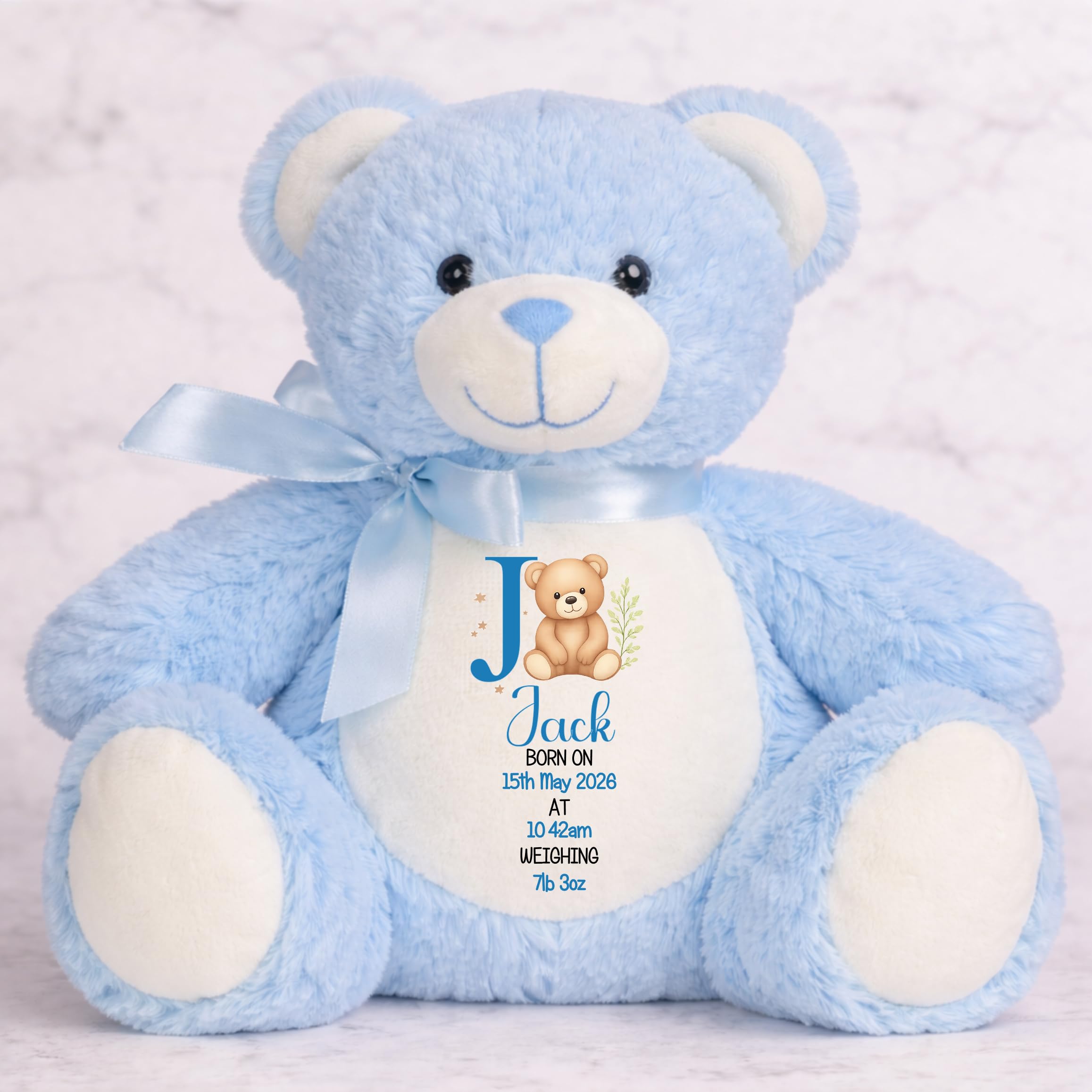 Jellybops Personalised Birth Teddy Bear, Custom Baby Keepsake Bear with Name, Date of Birth, Time and Weight, Newborn Gift for Baby Boy or Girl (Blue)