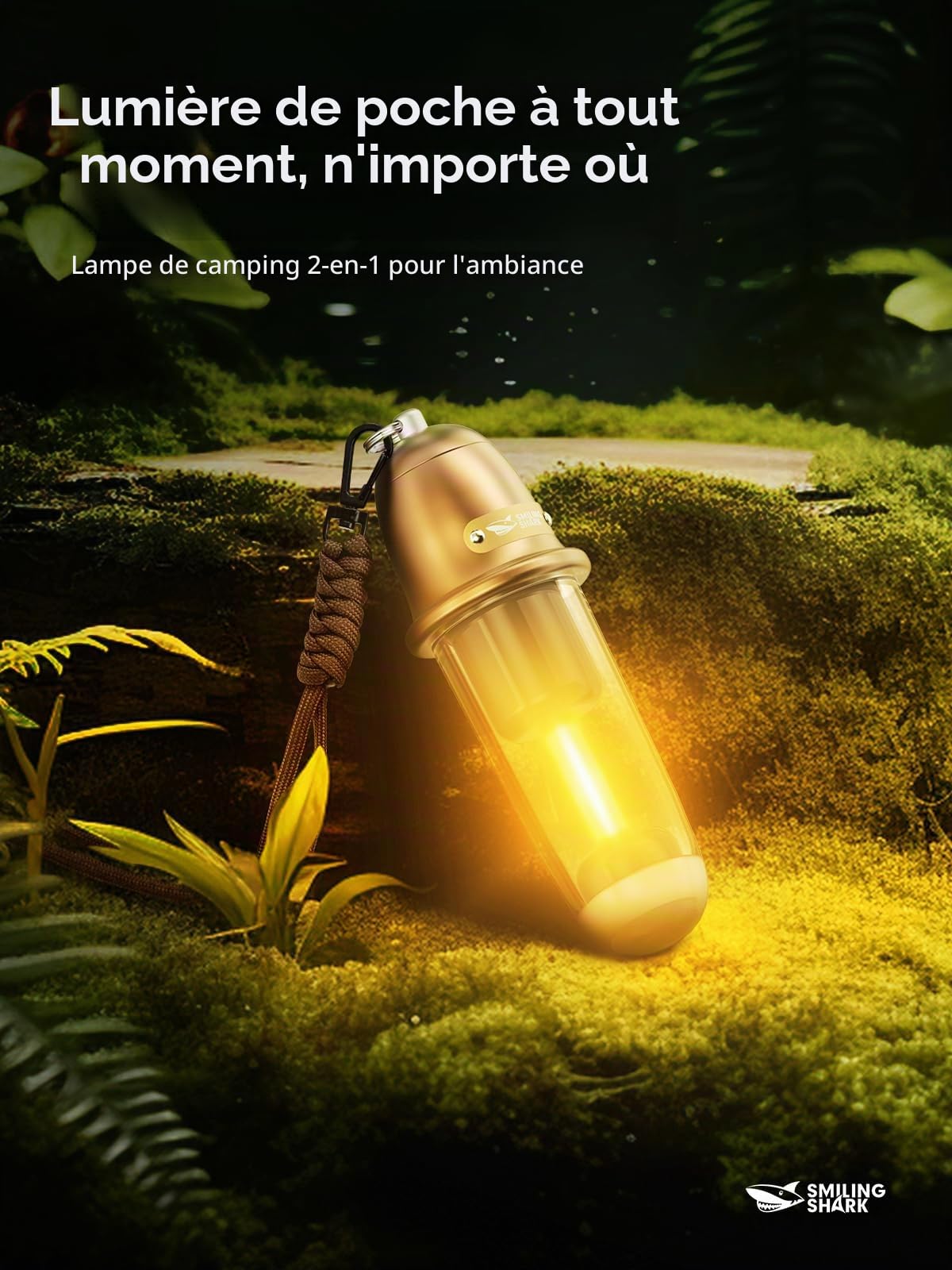 Smiling Shark Lanterne de Camping, Portable LED Lampe Camping Ambiance USB Rechargeable IPX4 Étanche 3 Mode Lumière Petit Portatif Lampe de Tente pour Extérieur Randonnée Pêche Picnic Comprend lanière