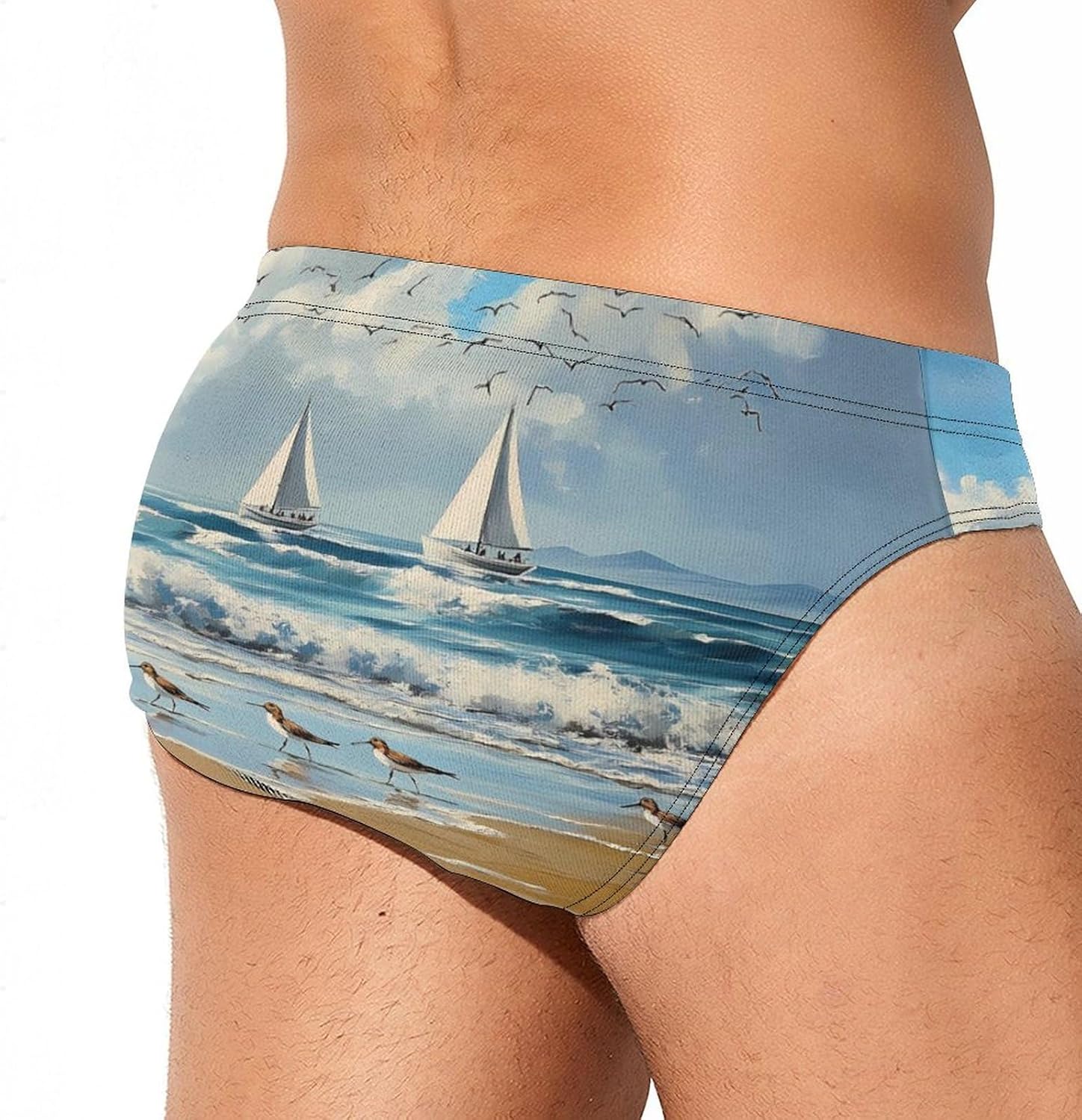 Seaside Sandpiper Seascape Men's Swimsuit Brief Sexy Bikini Briefs Retro Printed Swimwear Quick Dry Swimming Trunks 3X-Large