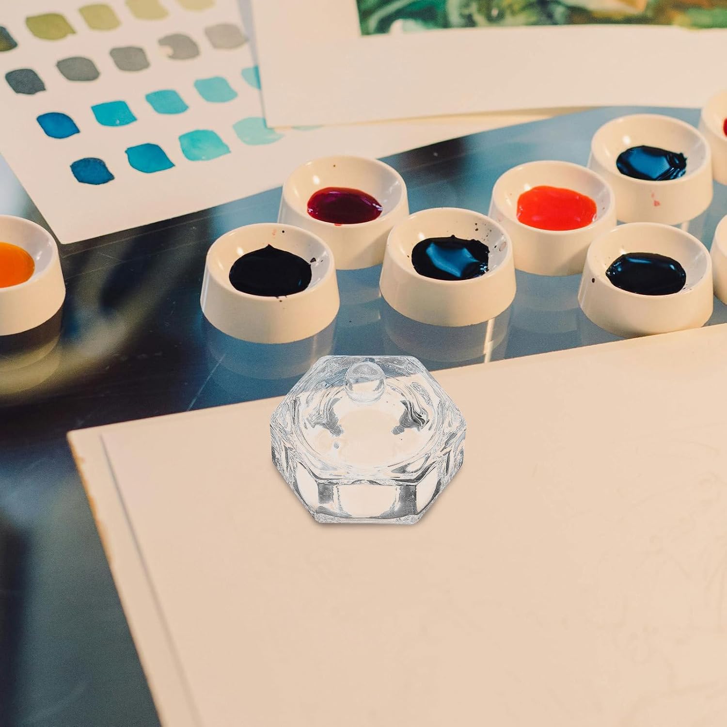 2pcs Hexagonal Crystal Glass Pen Washing Cups with Lids Multipurpose Dip Pen Holders and Cleaning Tools for Artists and Calligraphy Sturdy Glass for Brush
