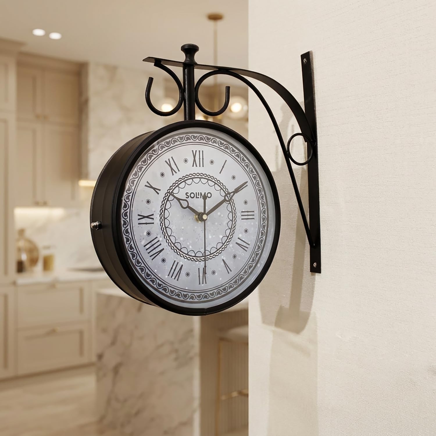 Amazon Brand - Solimo Double Sided Vintage Station Wall Clock, one Side Roman and Other Side Numeral dial (8 Inches, Black) Metal, Analog-image-32
