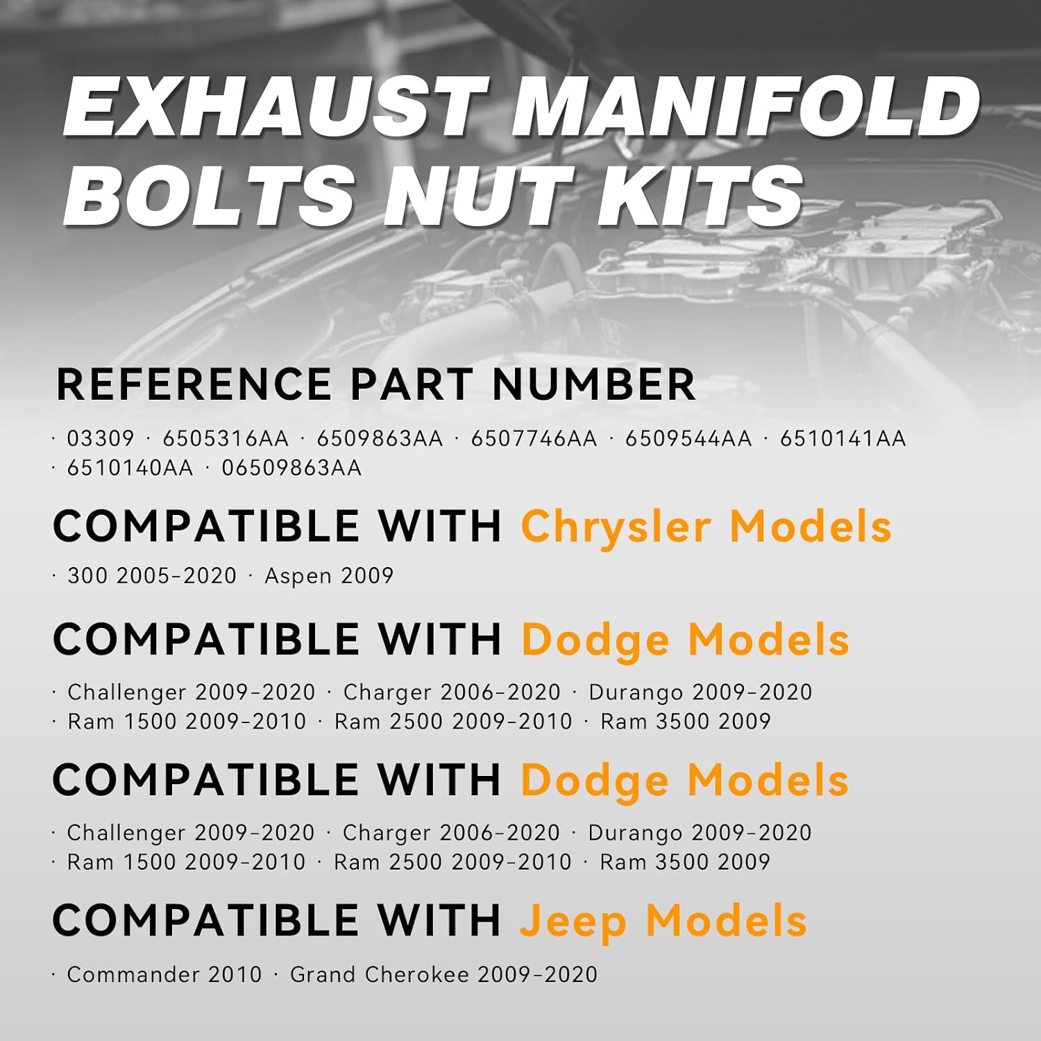 5.7 Exhaust Manifold Bolts Hardware Kit Compatible with Compatible with Chrysler 300, Jeep Grand Cherokee, Dodge Charger Challenger, Ram 1500 2500 2009-2020, 5.7L 6.1L 6.4L HEMI V8, Replaces # 03309