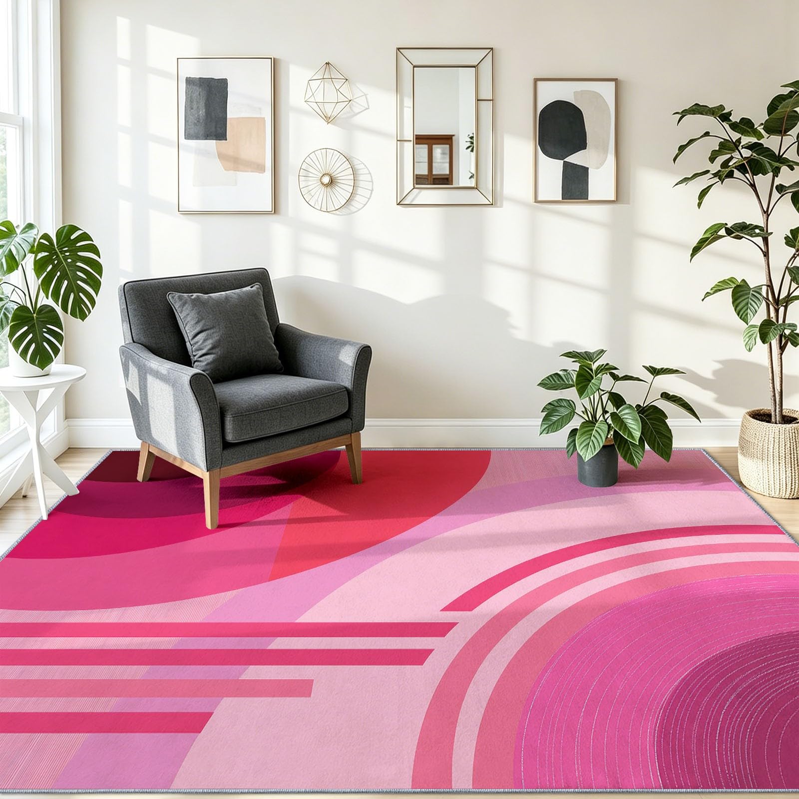 Générique Tapis Lavable Machine Salon 160 x 230 cm Antidérapant Sol Style Abstrait Poil Bas Doux Vagues Roses Blocs De Couleur Dégradé Motif Chambre Cuisine Entrée Salle Détente Dessous Lit Dortoir