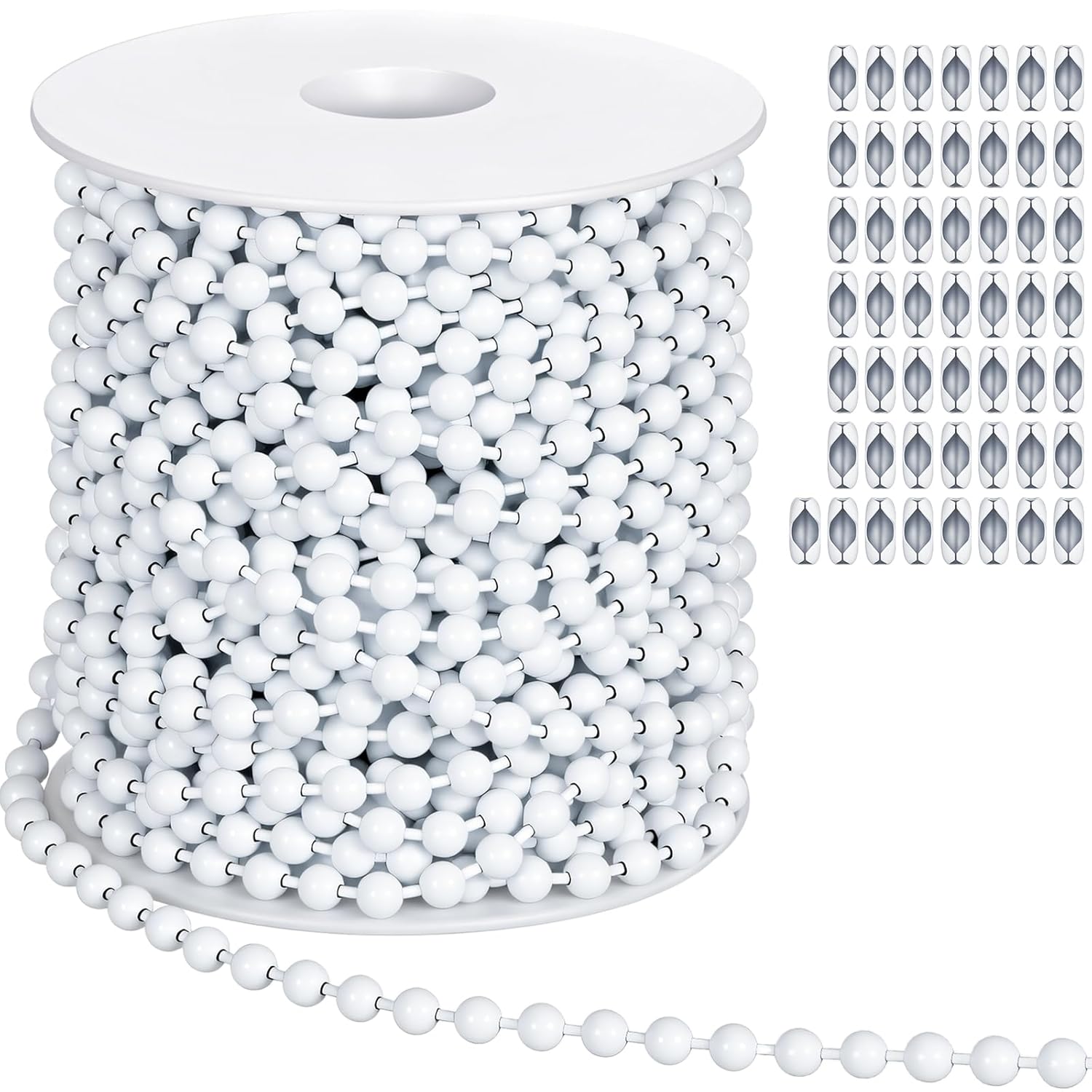 50ft 4.5mm Ball Beaded Chain with 50 Connectors for Roller Shade & Vertical Window Blinds, Dog Tag Chain, Jewelry Making/Crafts & DIY Projects(White)