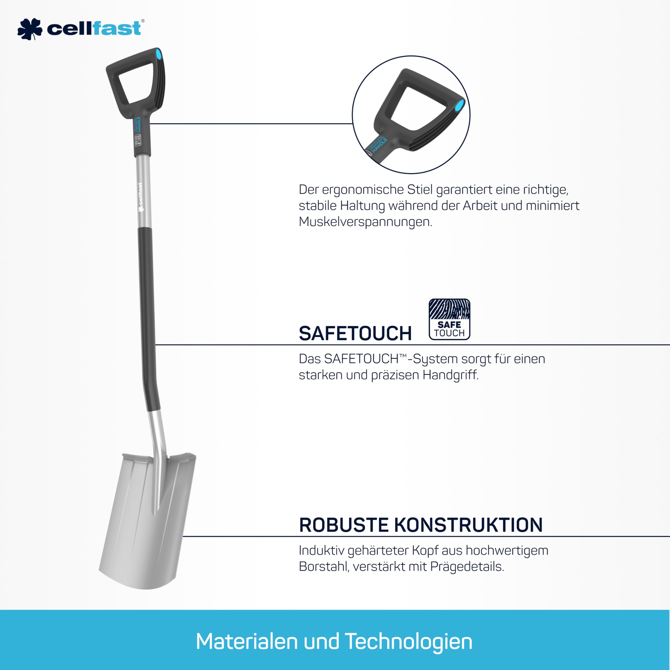 Cellfast Gärtnerspaten (rund) ENERGO™ [1230 mm] zur Arbeit im harten Boden, erlaubt einfaches und sicheres Ausgraben, Einpflanzen, Griffs bietet einen sicheren und bequemen Handgriff, 40-001
