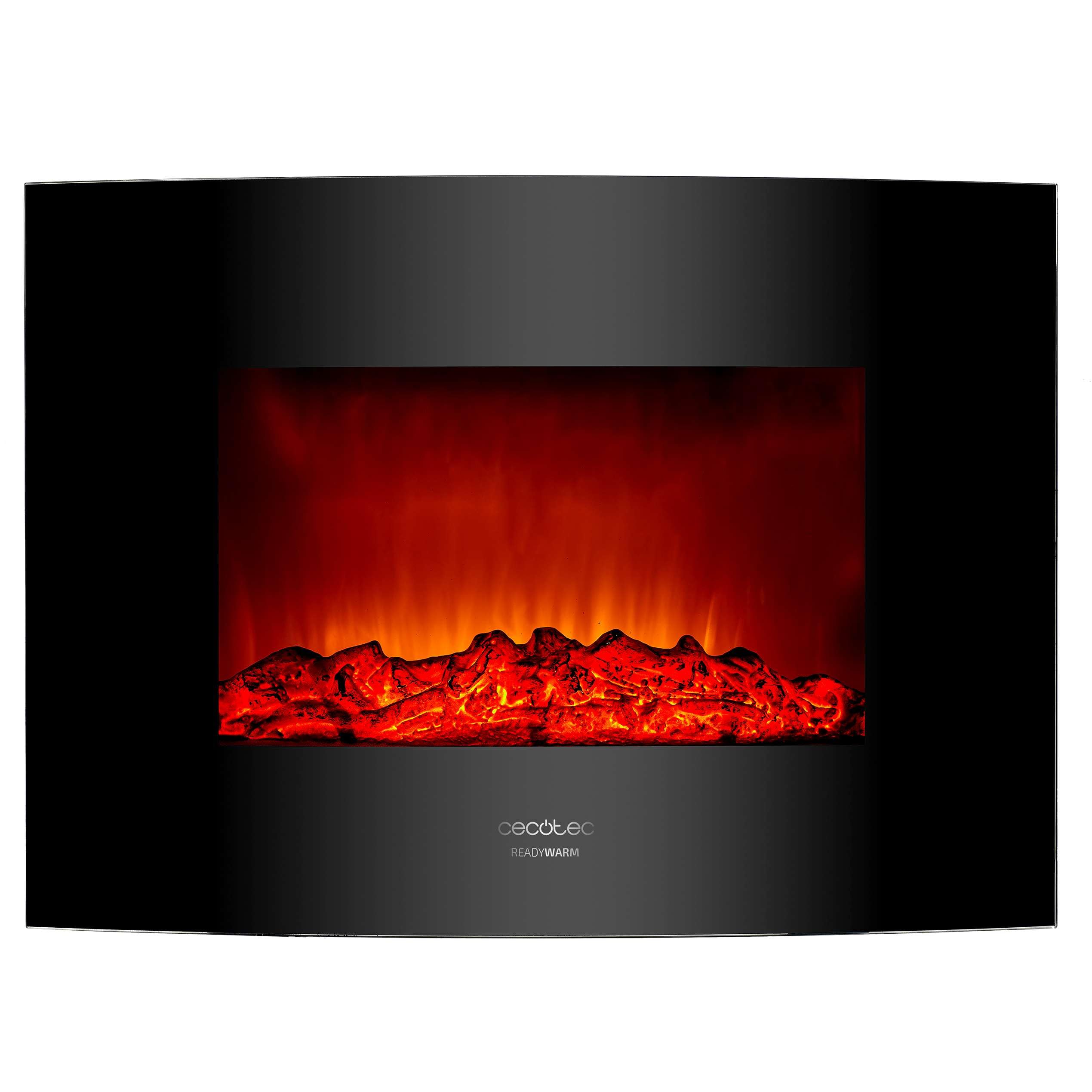 Cecotec Chimenea Eléctrica Decorativa 22” con Mando a Distancia Ready Warm 2210 Curved Flames. Máxima Potencia 2000W, 2 Intensidades, Panel Curvo de Cristal Templado, Llama Ajustable, Temporizador