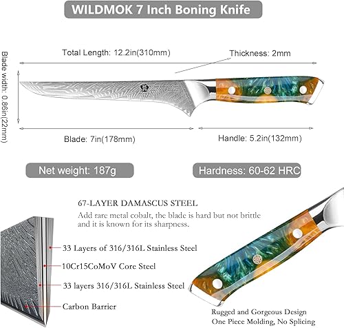 Miniatura 2 de WILDMOK Cuchillo deshuesador, cuchillo de filete de damasco de 7 pulgadas, cuchillo japonés de acero de damasco, cuchillo de filete forjado a mano
