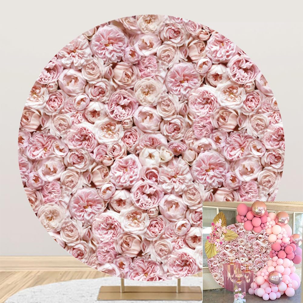 DORCEV 7.2x7.2ft Pink Floral Wedding Party Round Backdrop Cover - Circle Backdrop Cover for Miss to Mrs Photography Background Decor Studio Props
