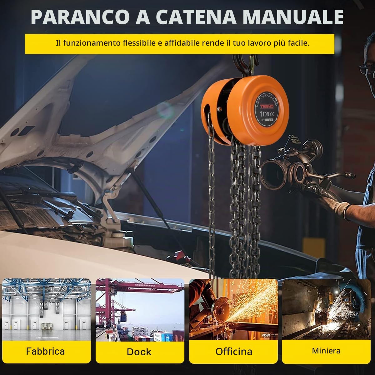 Paranco Manuale a Catena con Gancio Resistente TEENO, 1000 kg, 3,0 m di Sollevamento Max, Paranco a Catena Doppia Catena di Carico, Catena G80