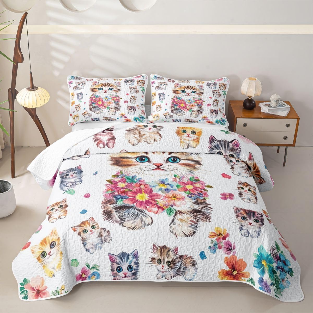 Feelyou Cat Flower Quilt Set for All Season Cats Print Bedspread Queen Size for Kids Boys Girls Cute Kitten Quilted Bedding with 2 Pillowcases Animal Coverlet Set Soft