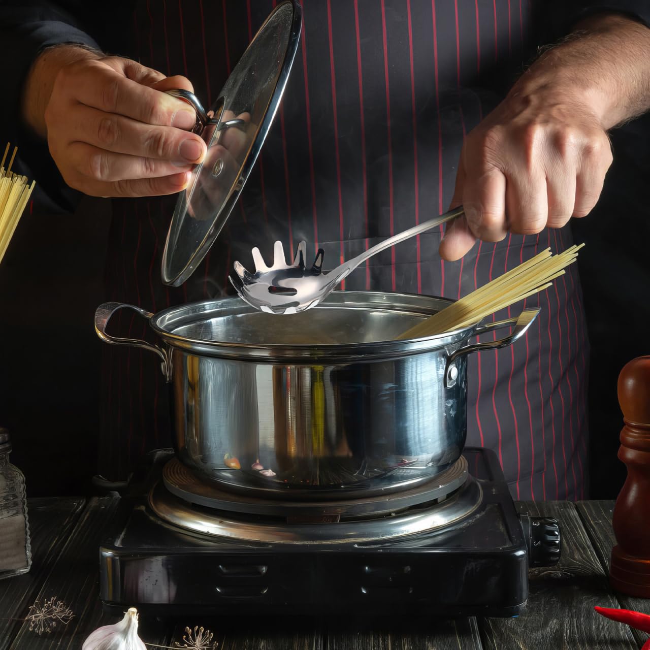 Hemoton Spaghetti-Löffel aus Edelstahl, Nudelheber mit Zähnen, antihaftbeschichtet, Mehrzweck-Küchenhelfer zum Kochen, Knödel, Eiswürfel, 24 cm
