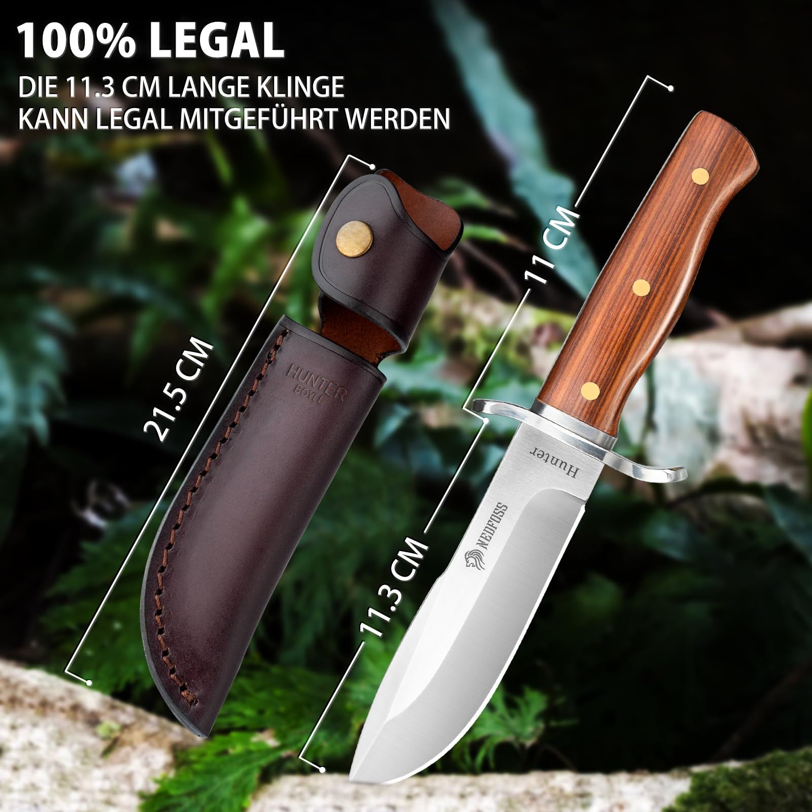 NedFoss Coltello da caccia affilato Hunter, coltello da sopravvivenza per esterni, affilatore D2 con squisita custodia in pelle, manico in legno rosso, 59-60HRC, extra affilato, marrone