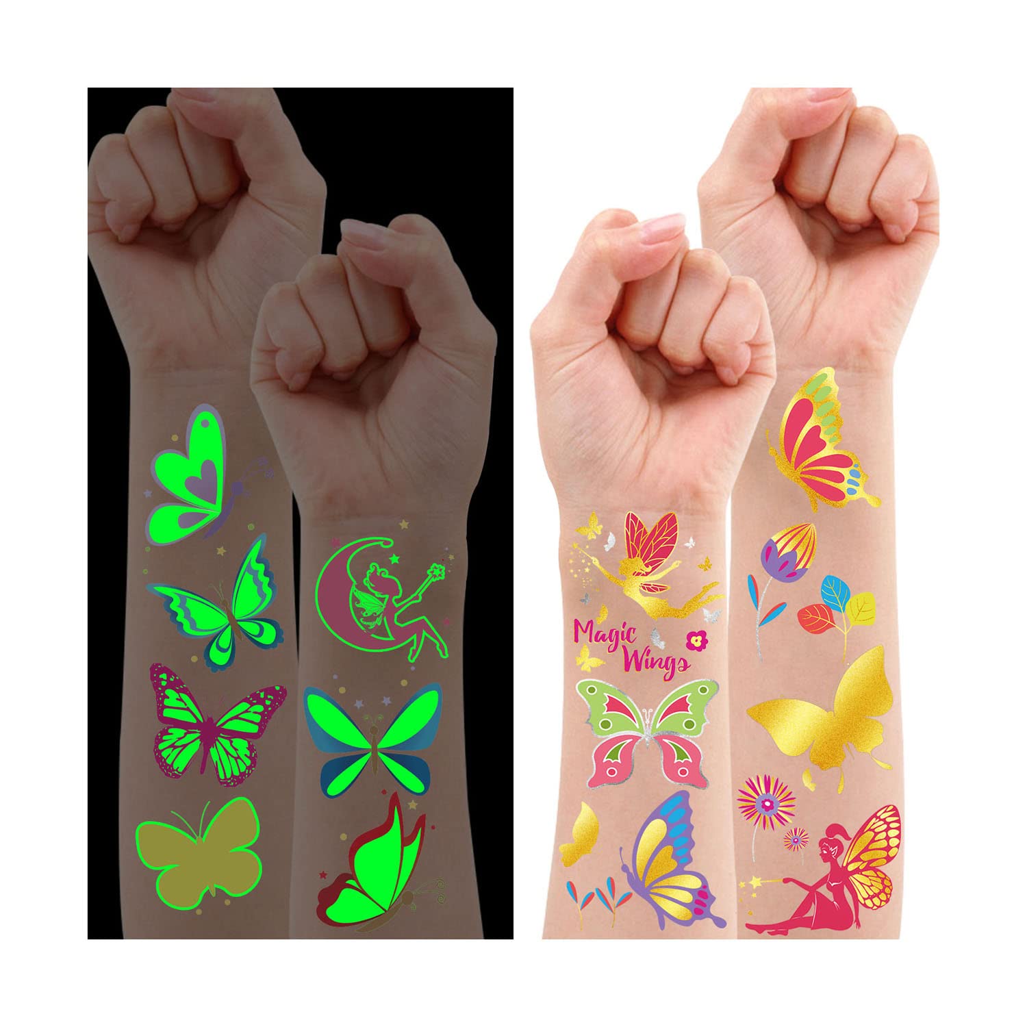 Leesgel Mariposa Tatuajes Temporales Niños, Mariposa Pegatinas Infantiles,36 Estilos Luminosos + Tatuajes Purpurina, Decoracion Fiesta Regalo Detalles Cumpleaños Niños Juguetes para Piñatas
