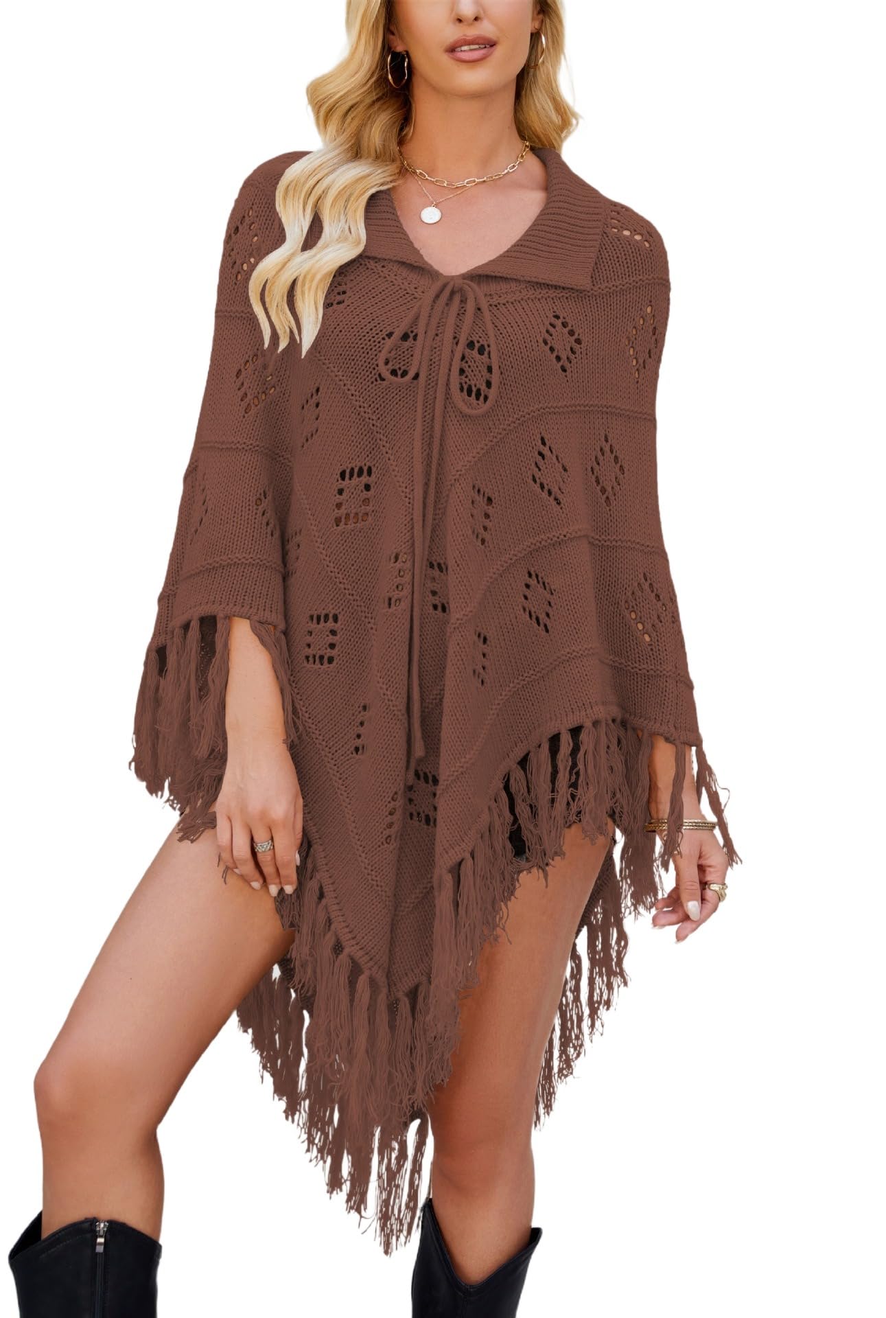 Apvirdy Womens Western Fringe Knitted Poncho Cape Collared Hollow Crochet Shawl Cloak Loose Over Knitted Sweater