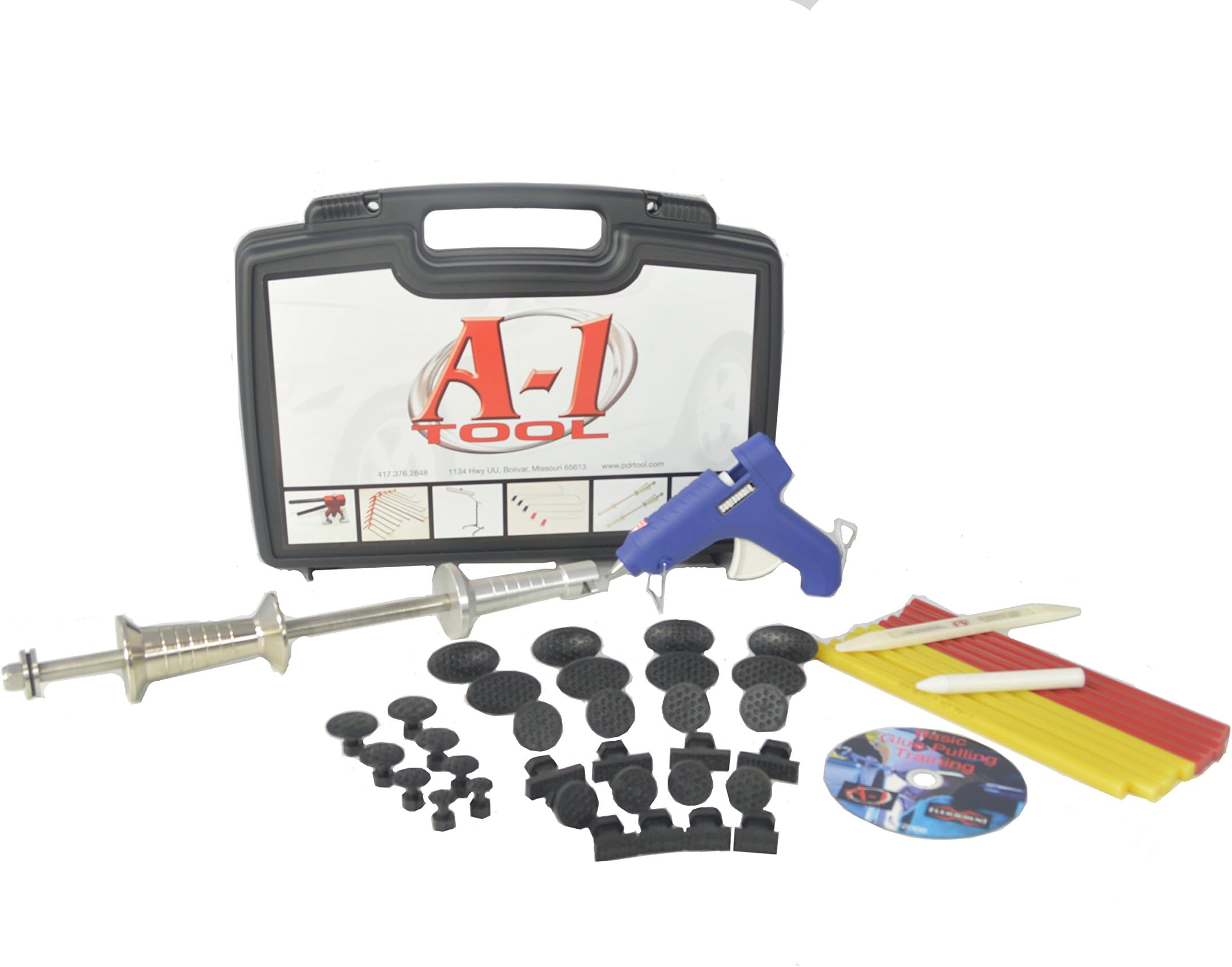 PDR QUICK KIT QK-17 Includes training DVD, A-1 Dent Master, Glue, Glue tabs, Glue gun (120-volt AC),plastic glue removal tool, tap down, mini slide hammer and plastic carrying case