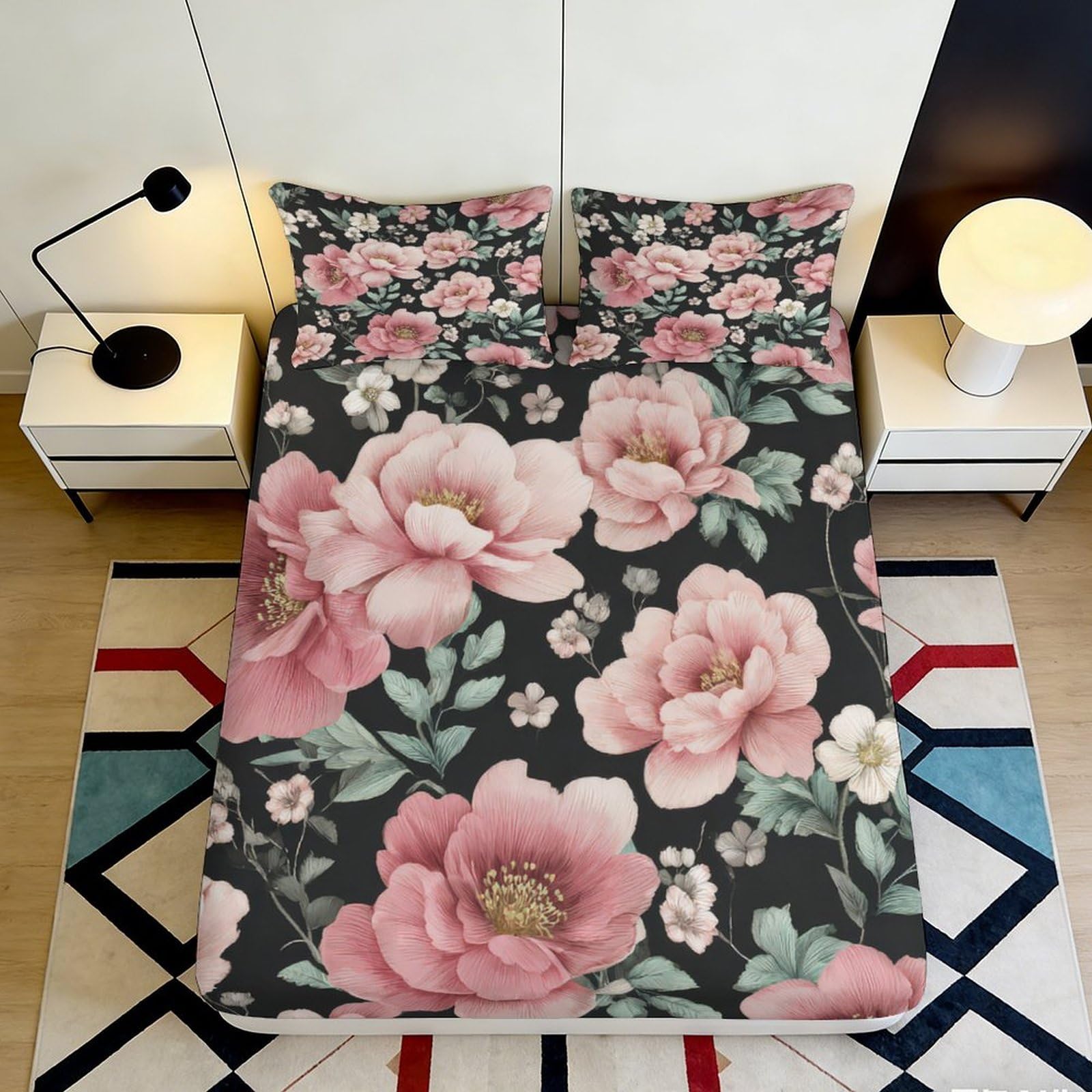 3D Printed Pink Peony Fitted Sheet Microfiber Soft Breathable Floral Bedroom Decor Green Leaf Mattress Cover 90x200x25cm