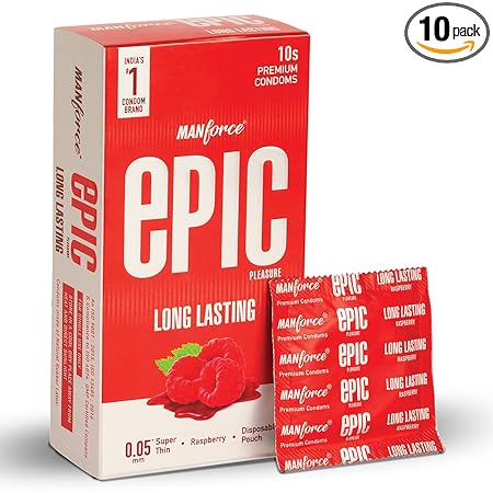Manforce Epic Pleasure Long Lasting Premium Condoms for Men, Super Thin, Raspberry Flavour, Disposable Pouch (10 Counts)