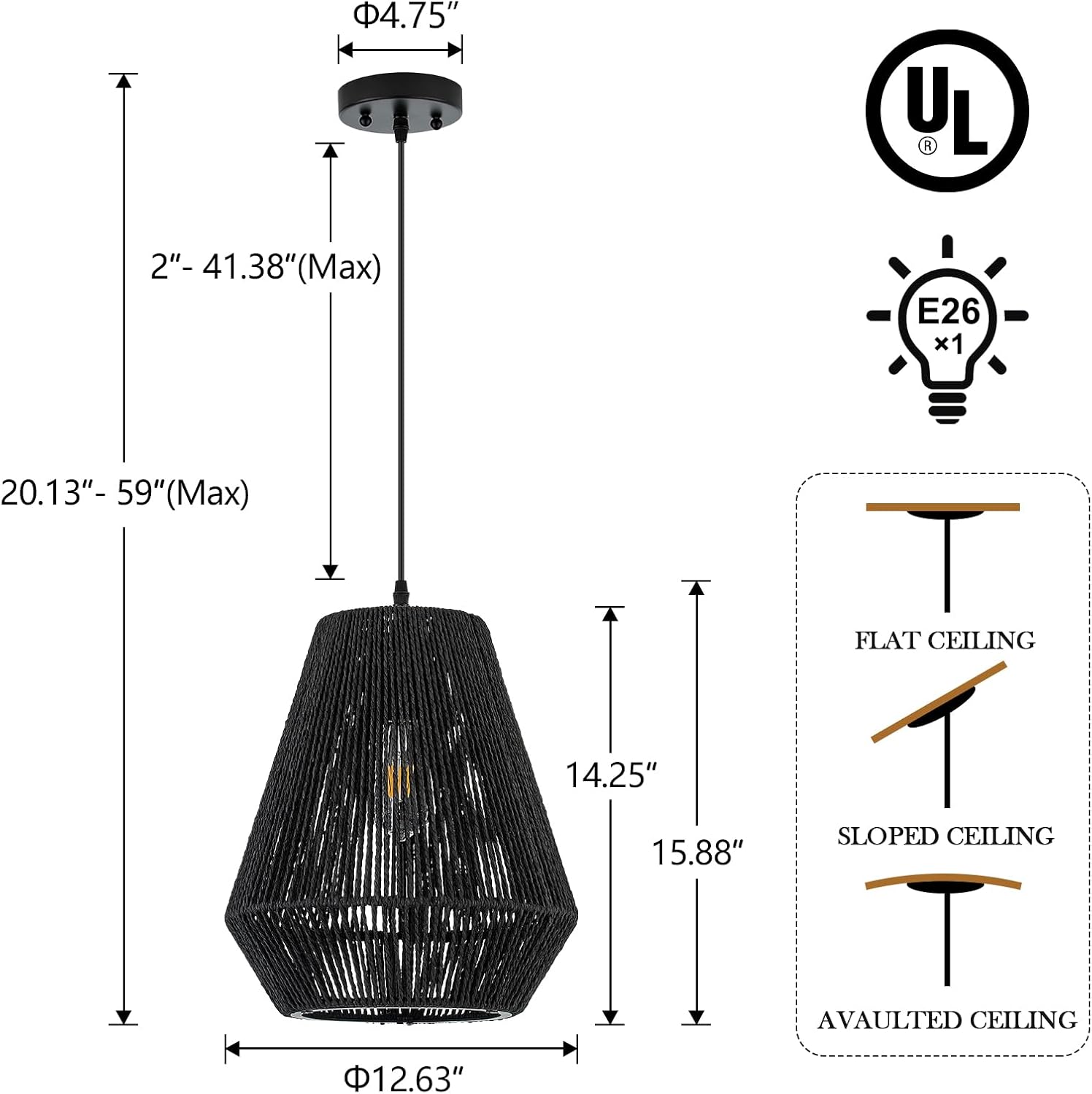 13” Boho Hand Woven Rattan Mini Chandelier Matte Black Classic Pendant Light for Kitchen Island Dining Room Hallway, UL Listed