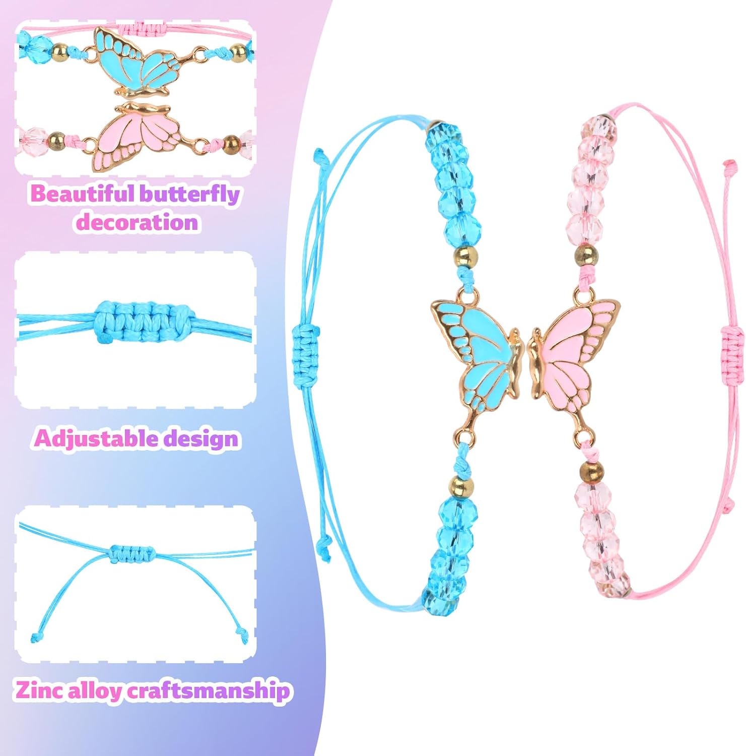 2pcs Matching Bracelets, Butterfly Friendship Bracelets Adjustable Strand Couples Bracelet Charm Jewelry for Women Men Couples Friends Gifts - Image 4