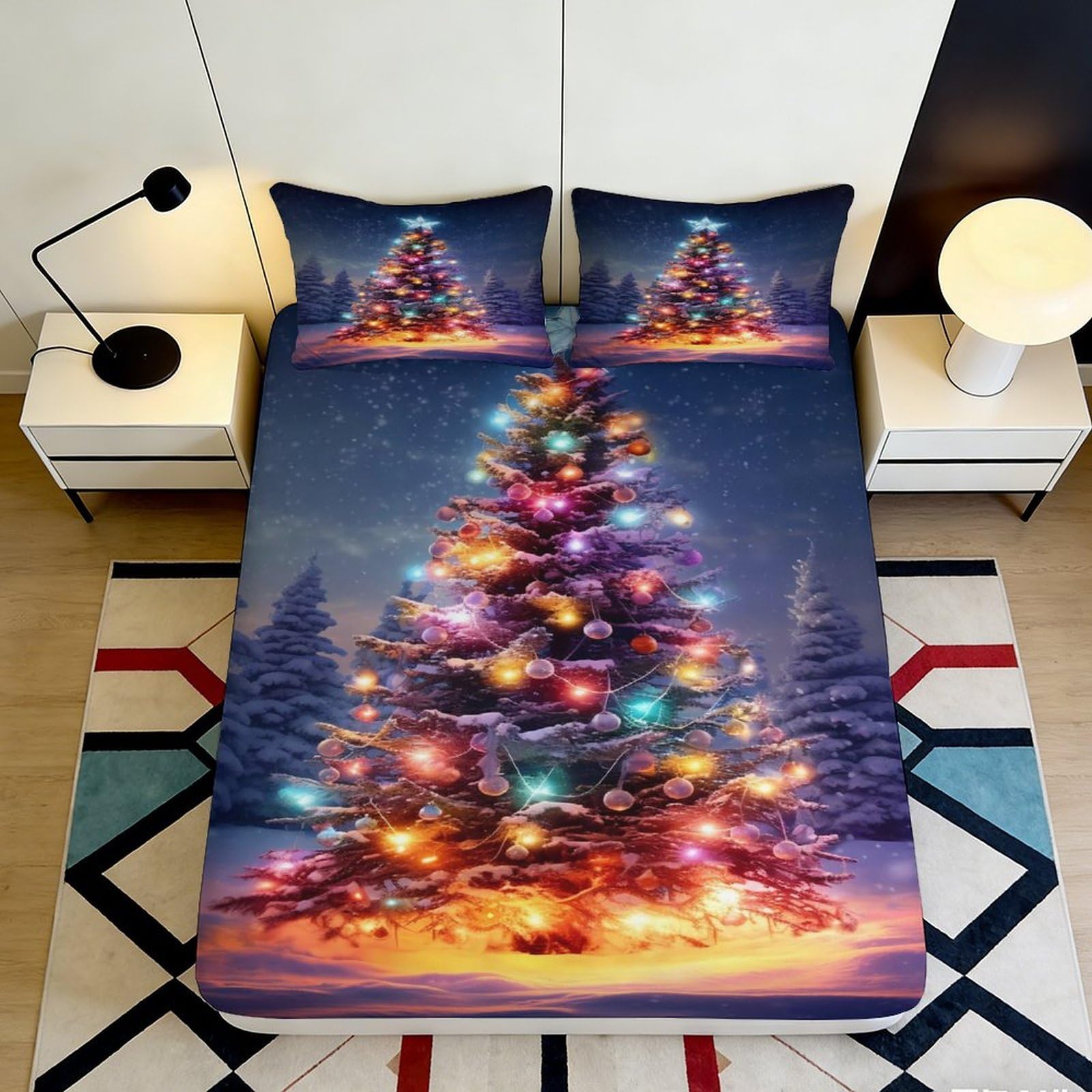 3D Printed Christmas Tree Fitted Sheet Microfiber Soft Winter Night Mattress Cover for Bedroom Guest Room Decor 90x200x25cm