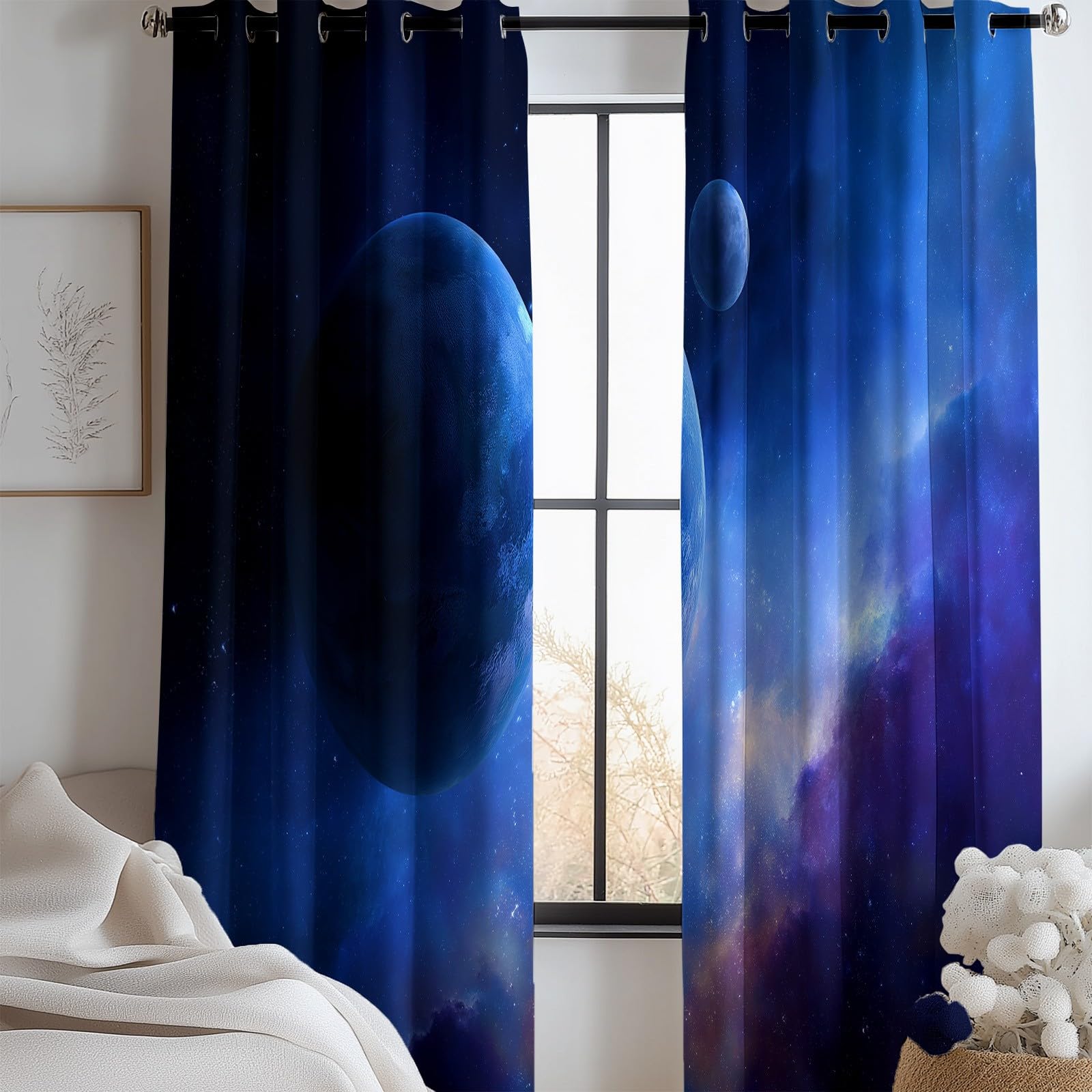 XCQHZYQ Cortinas Salon Opacas Fantasía Planeta Galaxia, Cortinas de Ojales Dormitorio para Niños 2 Piezas Suave Azul Termicas Curtain para Habitación Decoración Ventana, 2x75x166 cm