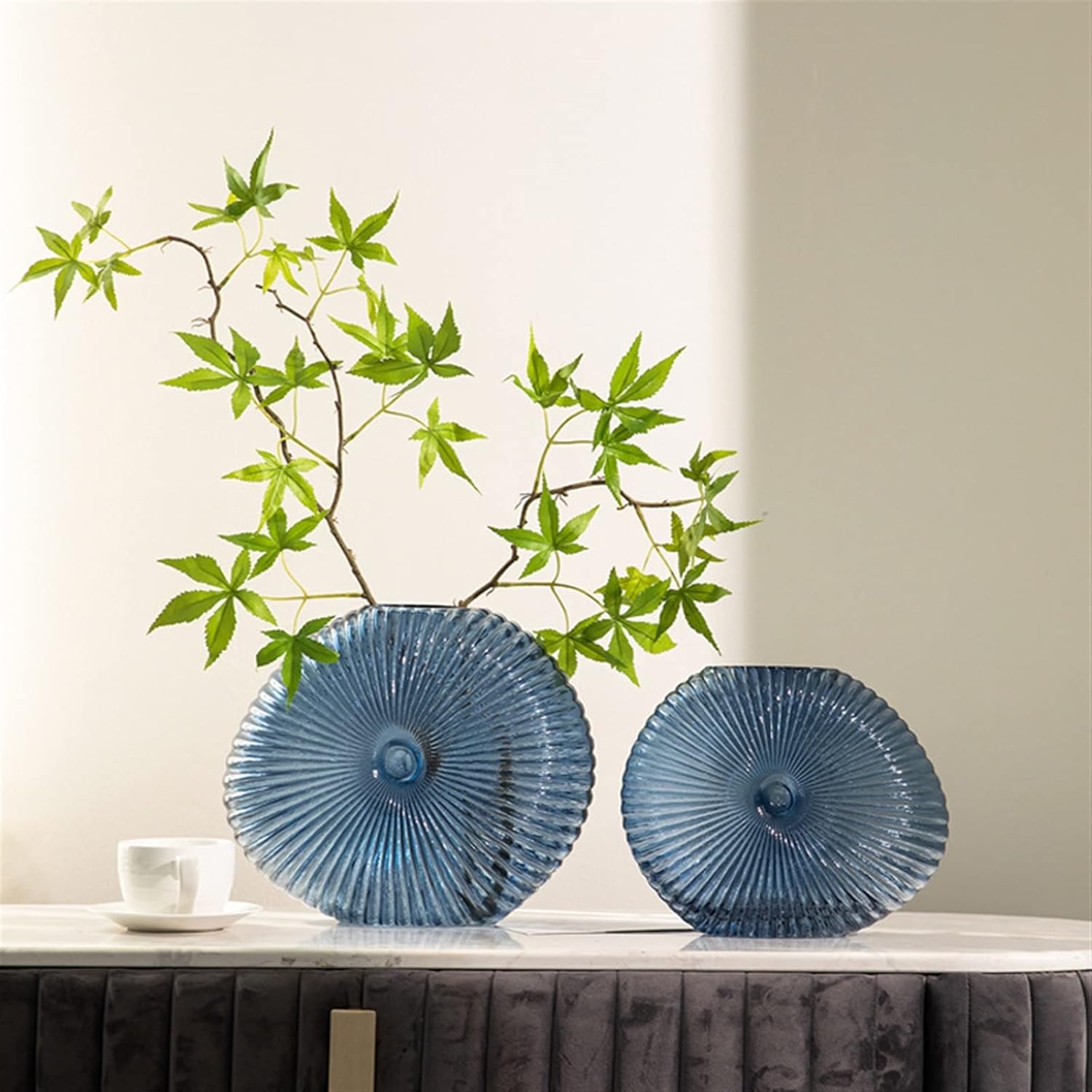 Vase Creative Blue Oval Glass Vase Hydroponic Vase Threaded Flower Arranger Table Decoration Living Room Decoration Nordic Home Decor Suitable for dining and living room home decoratio(Large)